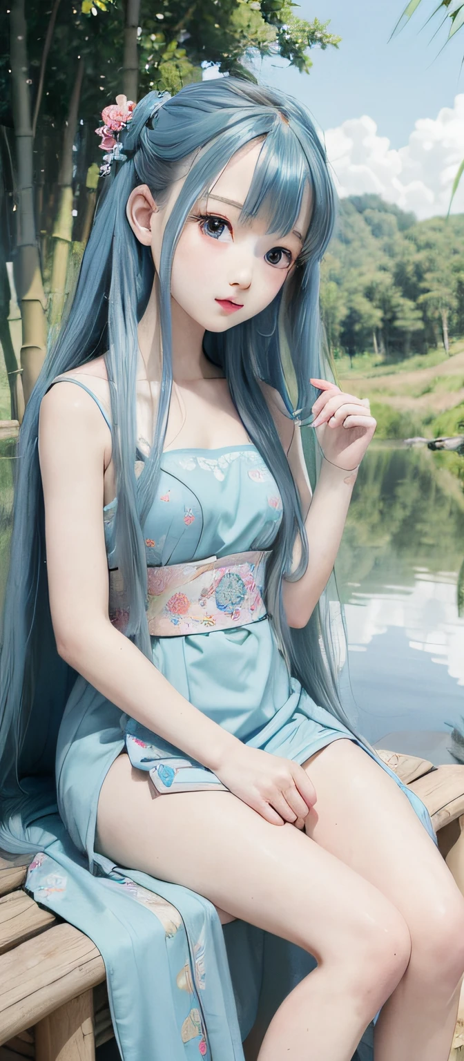 Masterpiece, Best Quality, Official Art, 8k Wallpaper, Very Detailed, Illustration, 1 Girl, Sky Blue Hair, Long Hair, Detailed Eyes, Forrest Gump, Bare Shoulders, Hanfu, Lake, Pure, Soft Smile, bamboo, tea
