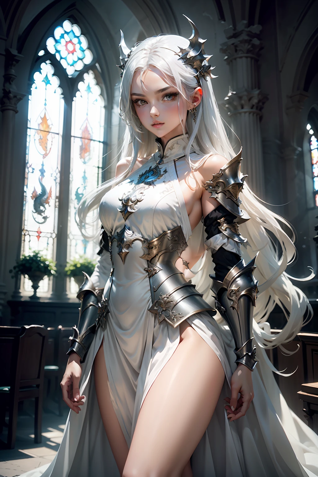 tmasterpiece，Best image quality，woman，Dragon Knight，Overhead light，Slender body，Elegant posture，Long hair in white color，Short pleated skirt，Bare chest，show legs，open waist，Bare arms，On the shoulders is silver-white armor，The body has silvery-white decorations，White stockings silver trim legs，Hold a sword in hand，Background church window top