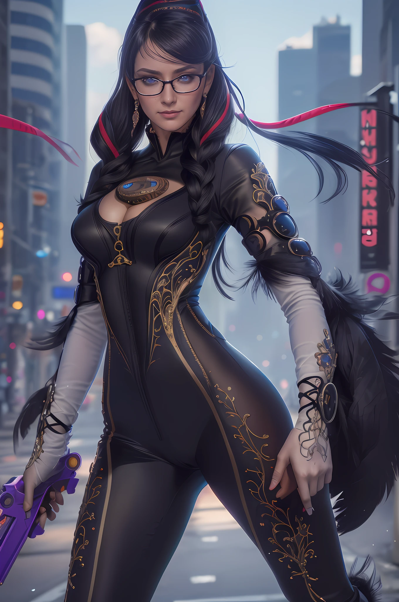 cereza, 1girl, solo, breasts, glasses, blue eyes, gloves, ribbon, cleavage, jewelry, weapon, ass, earrings, mole, 2 guns, (bodysuit:1.2), feathers, mole under mouth, future city background, (realistic:1.2), (realism), (masterpiece:1.2), (best quality), (ultra detailed), (8k), (intricate), (full body:1), (85mm), light particles, lighting, (highly detailed:1.2), (detailed face:1.2), (gradients), sfw, colorful, (detailed eyes:1.5), (detailed background), (rule of third_composition:1.3), (Line of action:1.2)