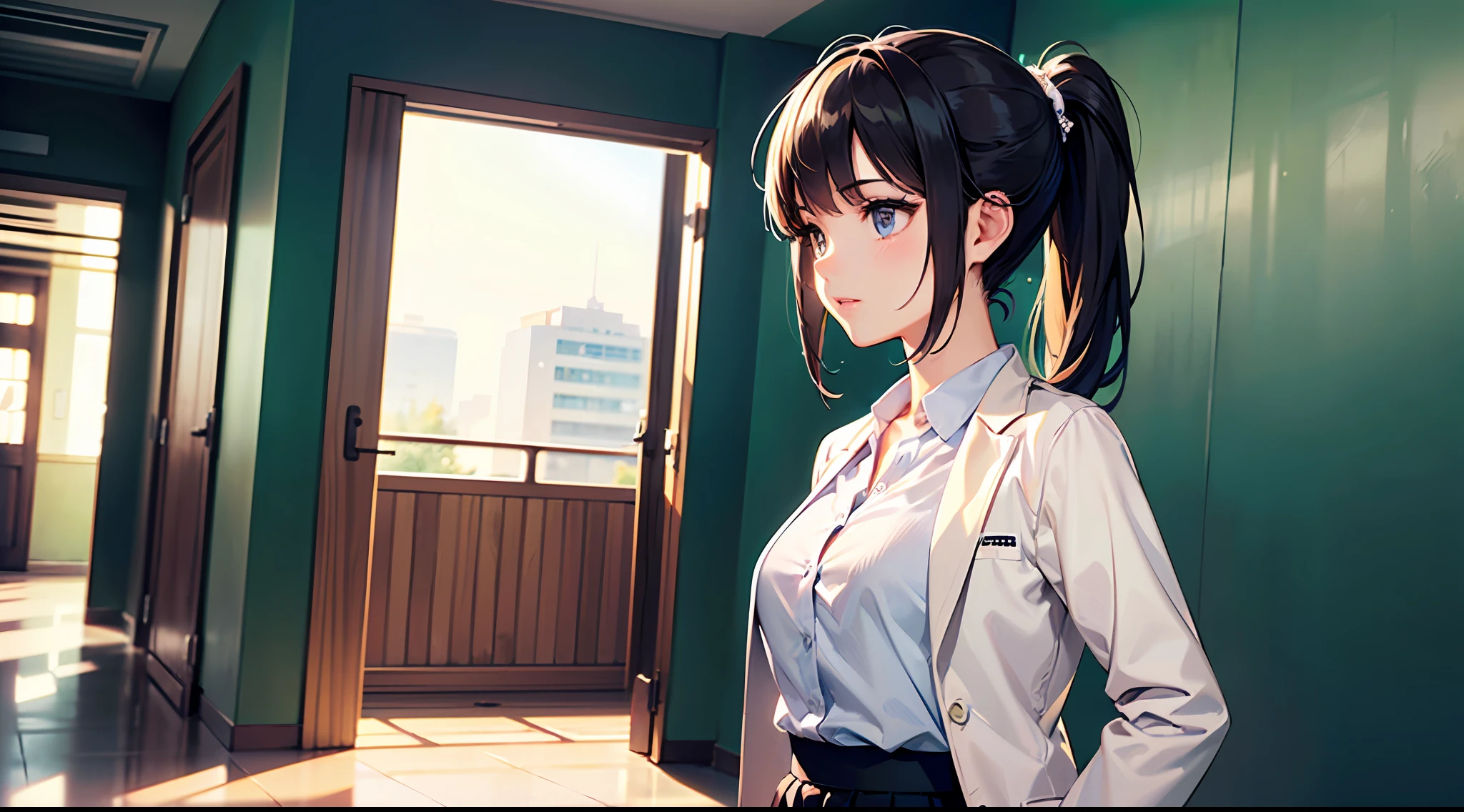 (Masterpiece, top quality, super detailed CG, ultra detailed beautiful face and eyes, super detailed, intricate details:1.2), 8k wallpapers, elaborate features,
(1 person, solo:1.4)perfect cartoon illustration,(1 person, solo:1.4)
(realistic textures:0.8), high res, cute, (vivid colors, dynamic lighting:1.0), (high contrast:0.8),
Perfect animated illustration, only one young woman, high school teacher, age late 20s, pretty face (profile), confident expression, ponytail, rough clothes (skirt and white blouse), light science lab coat over clothes, time afternoon, sunny The place is a hallway in the school, so that the whole body is in the illustration