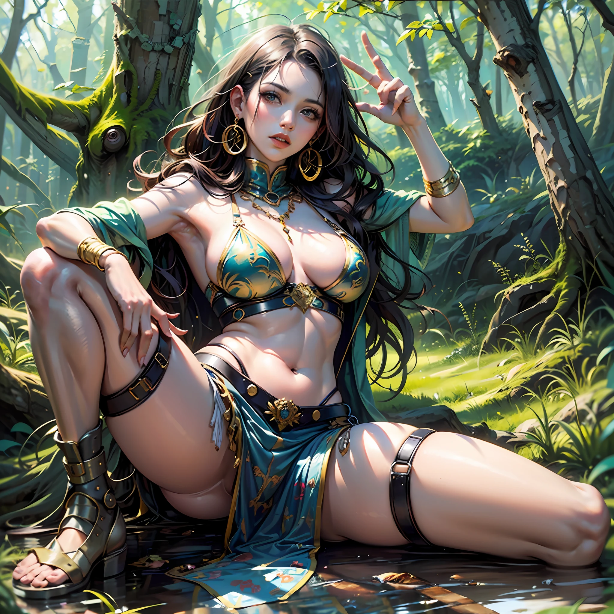 Masterpiece, realistic, Full body ,Pocahontas, Beautiful indigenous girl, Garota da selva, Nature heroine, with typical clothes, Cabelo longo e preto, Corpo com curvas, defined muscles, medium breasts heaving, Pose sensual, Scenario in a forest, Foto com o corpo inteiro, Corpo com curvas, Estilo realista, Cores Fortes e vibrantes, Hiper realista, Obra de arte - --auto --s2
