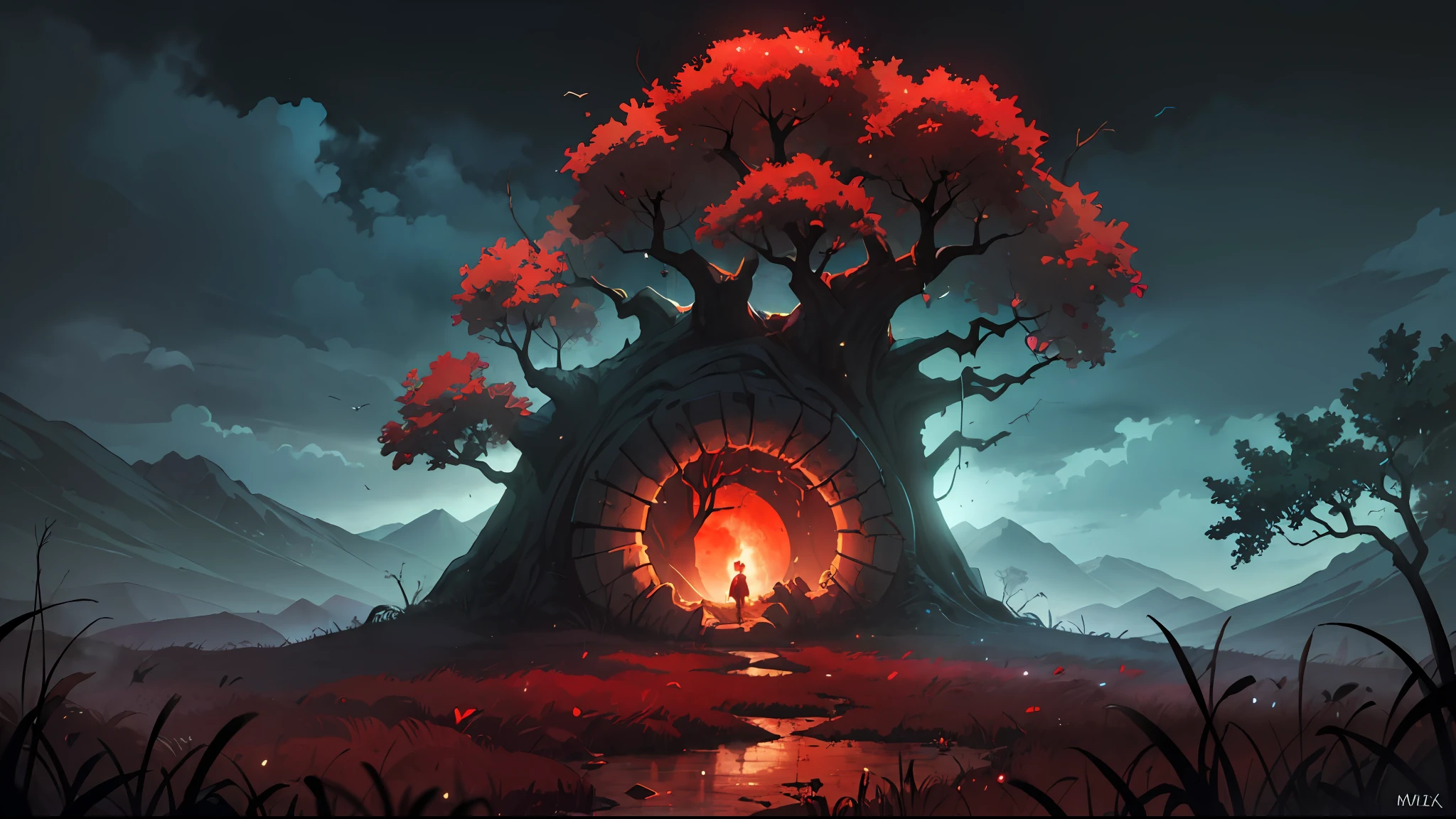 (masterpiece, best quality:1.4), (captivating digital art), cinematic lighting, colorful, high contrast, eerie mountain landscape, lush grass, twisted trees, night scene, (horror theme:1.2), (menacing monster:1.2) lurking in shadows, dark atmosphere, blood rain pouring down, blood-red river flowing, haunting blood moon in the sky, chilling and intense visual experience