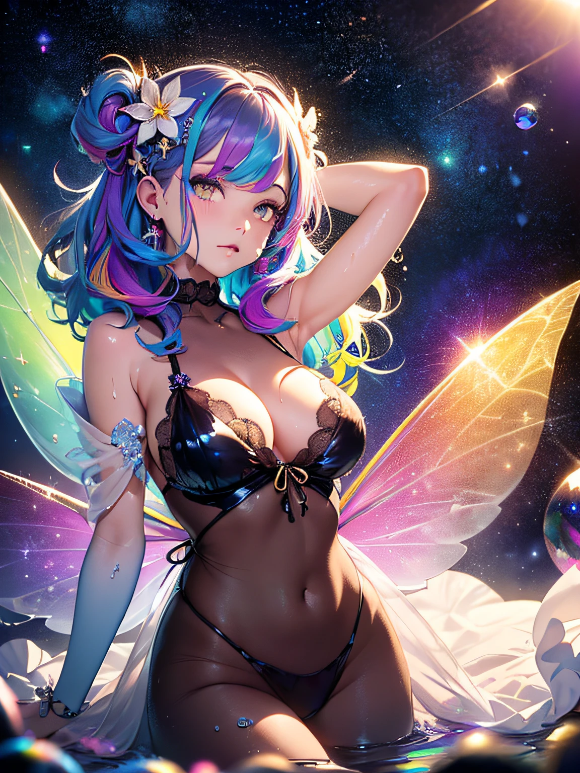 (original), (masterpiece) , (best quality) , (reality: 1.3) , photorealistic, Octane rendering, (surreal: 1.2) , perfect features, 1 girl, colorful, wet, ((translucent frilled nightgown)), (fairy wings), translucent skin, (colored inner hair), translucent hair, ((glowing inner hair)), colorful_hair ornament, the perfect appearance, her face flushed, ( her hands behind her head and out of her armpits1.4), ((caustic, seductive, sexy, charming)), the light red effect, Zero gravity, in space, crystals texture flowers, sparkle, lens flare, light leaks, Broken glass, beautiful detailed gemstone sky, (((colored inner hair, Starry sky adorns hair, (lots_of_big_((colorful))_Bubble), [pearl], [Galaxy], depth of field,colorful bubble, colorful water_drop,colorful spray))), extremely detailed wallpaper, highly detailed illustrations, (1 Girl), (best lighting) , (super-complex details) , 4K unified, (super-detailed CG: 1.2) , (8K: 1.2)