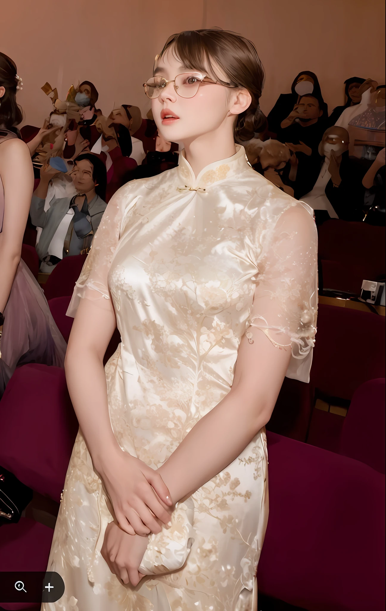 girl dressed in formal attire and posing for a picture, cheongsam, detailed dress and face, chinese dress, an intricate dress, side view intricate details, wearing a magnificent dress, chinese costume, elle fanning), wearing stunning ivory dress, fan bingbing, lots of details, high delicate details, glasses