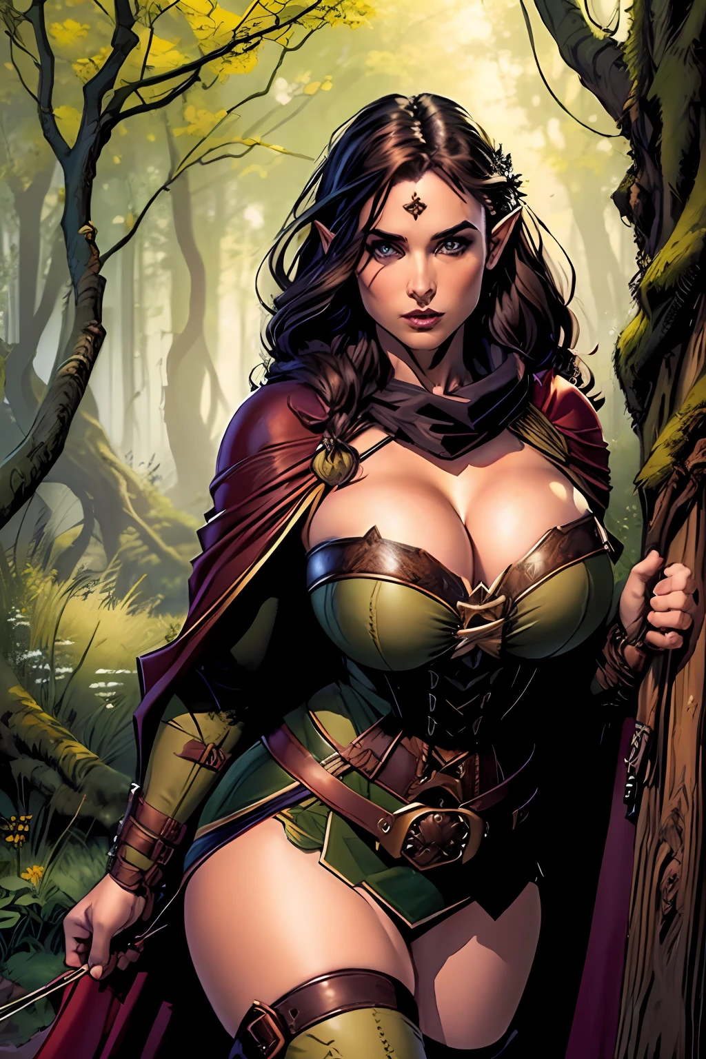 (masterpiece, top quality, best quality, official art, beautiful and aesthetic:1.2), (1girl:1.3), dark brown hair in a single (braid), extremely detailed, portrait, looking at viewer, solo, (full body:0.6), detailed background, close up, cat eyes, (warm summer forest theme:1.1), (elf) ranger, charlatan, smirk, mysterious, walking in forest, revealing ranger attire, brown leather, cowl, cloak, corset, long boots, buckles, straps, pouches, bow and arrow, green fabric, brown leather, (((gigantic breasts, cleavage, skindentation))), slim waist, slim hips, long legs, medieval (forest exterior:1.1) background, dark mysterious lighting, shadows, magical atmosphere, dutch angle