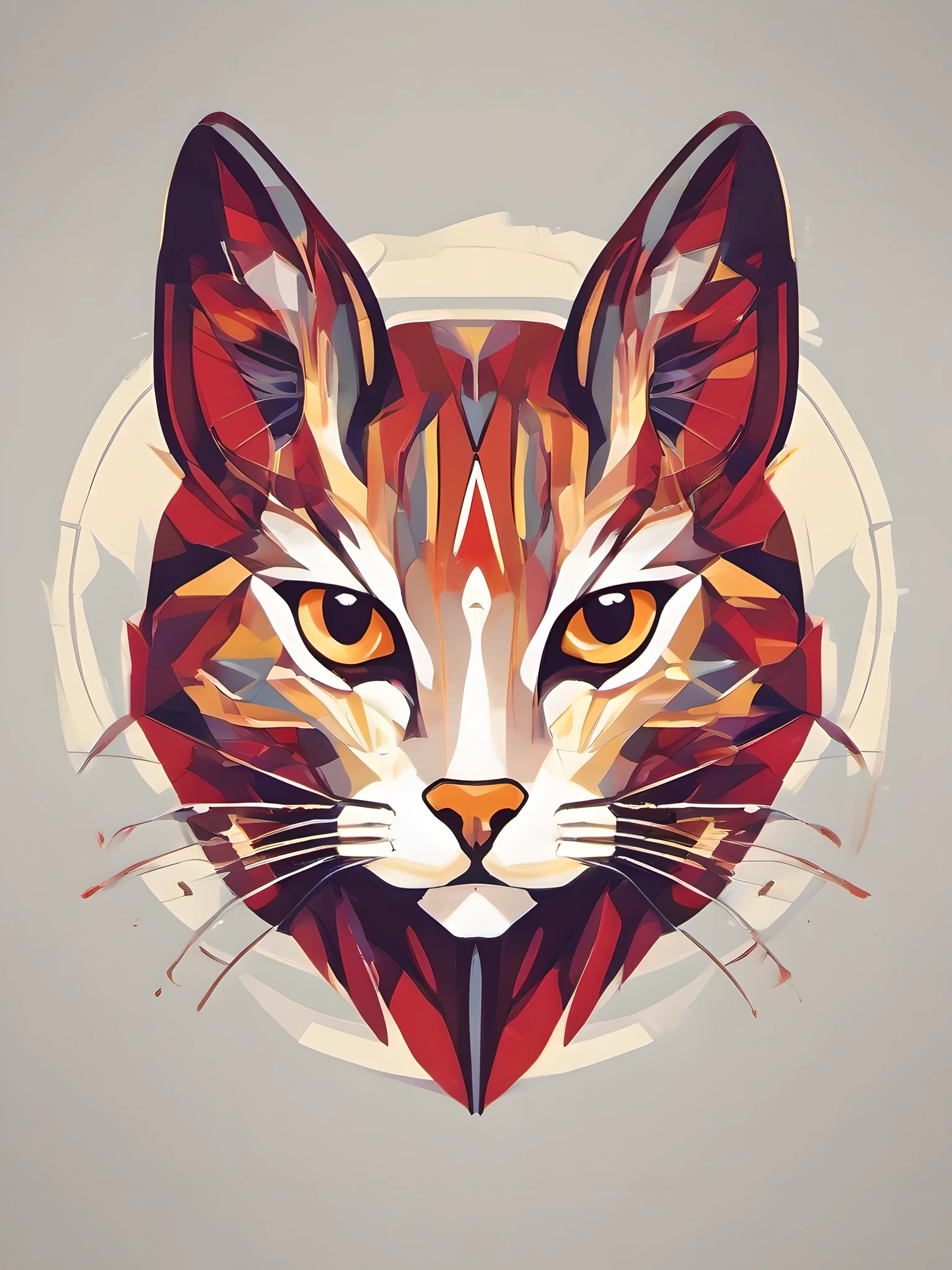 red yellow colorful logo, minimalist logo illustration of vector art of an Cat head, front facing, magic, sharp design, smooth, monochromatic colorful, dark magic splash, t-shirt design, in the style of Studio Ghibli, The design should be in vector art, showcasing the deer. Use Adobe Illustrator to craft the logo with crisp lines and a simple yet captivating look. Keep the design centered on the cat's eyes, capturing their uniqueness and charm. The logo should evoke a sense of sophistication and tranquility. Emphasize a low-poly style to add a touch of uniqueness to the whiskers. The overall aesthetic should be sleek and stylish, making it suitable for branding and logo purposes, white brackground