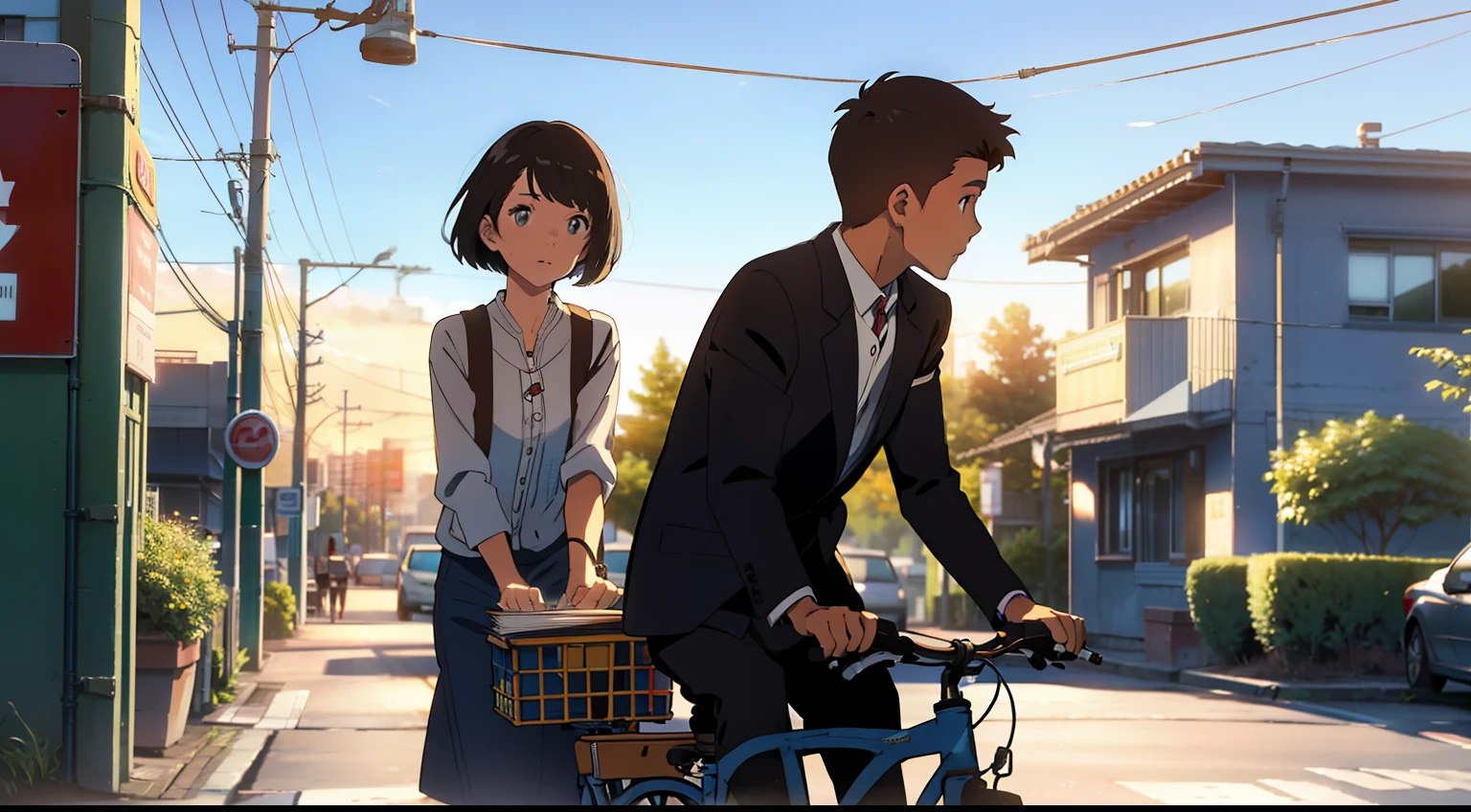 street,Blue sky,the setting sun,A boy in a white shirt rides a bicycle,Next to a cute girl with short hair holding a few books