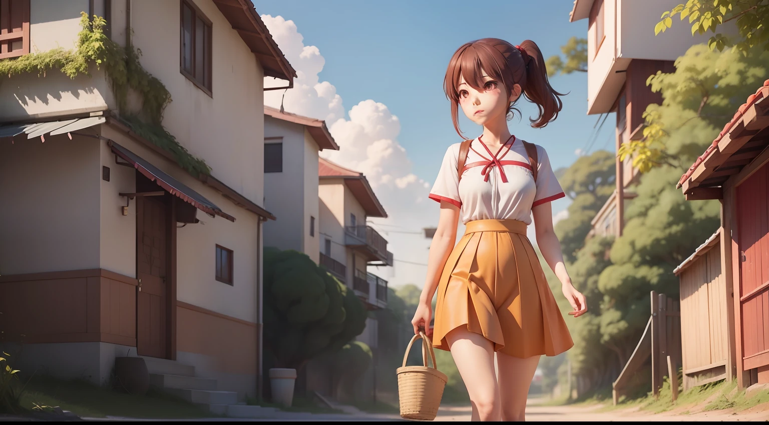 A heroine Miya（Miya is a woman with a single brown ponytail，Wear a red shirt，Tuck into brown cropped pants，Dress up for a smart and adventurous look，white complexion。）In a village full of new atmosphere，She clumsily cleared vines and weeds，Explore the map。Presented in the style of Makoto Shinkai。