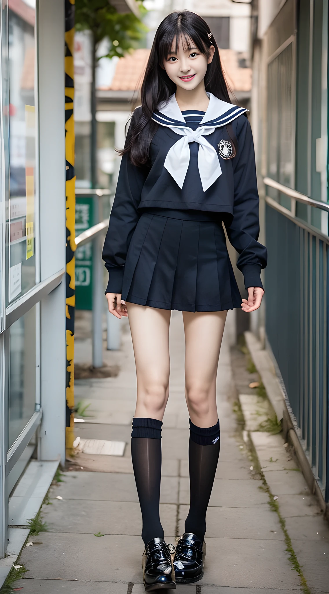 1girl, Cute, black-haired, 14 years old, Smile, Looks pure, Sailor Suit, Photography, Realistic, Best Quality, Detailed face, Full body, slender, Slender legs, Long legs, Wearing thigh-high socks, shoes on, School, Classroom