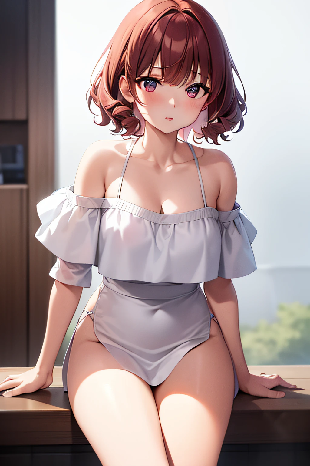 one-girl, Wears white off-the-shoulder short sleeves, white  panties, Long legs, Barefoot, with dark reddish hair, Short hair to the neck, Hair covers one eye, eBlue eyes, Pointed chin, Line nose, high street, bangs, expressionless, Expressionism, chiaroscuro, anime, UHD, ccurate, super detail, high details, best quality，curlies