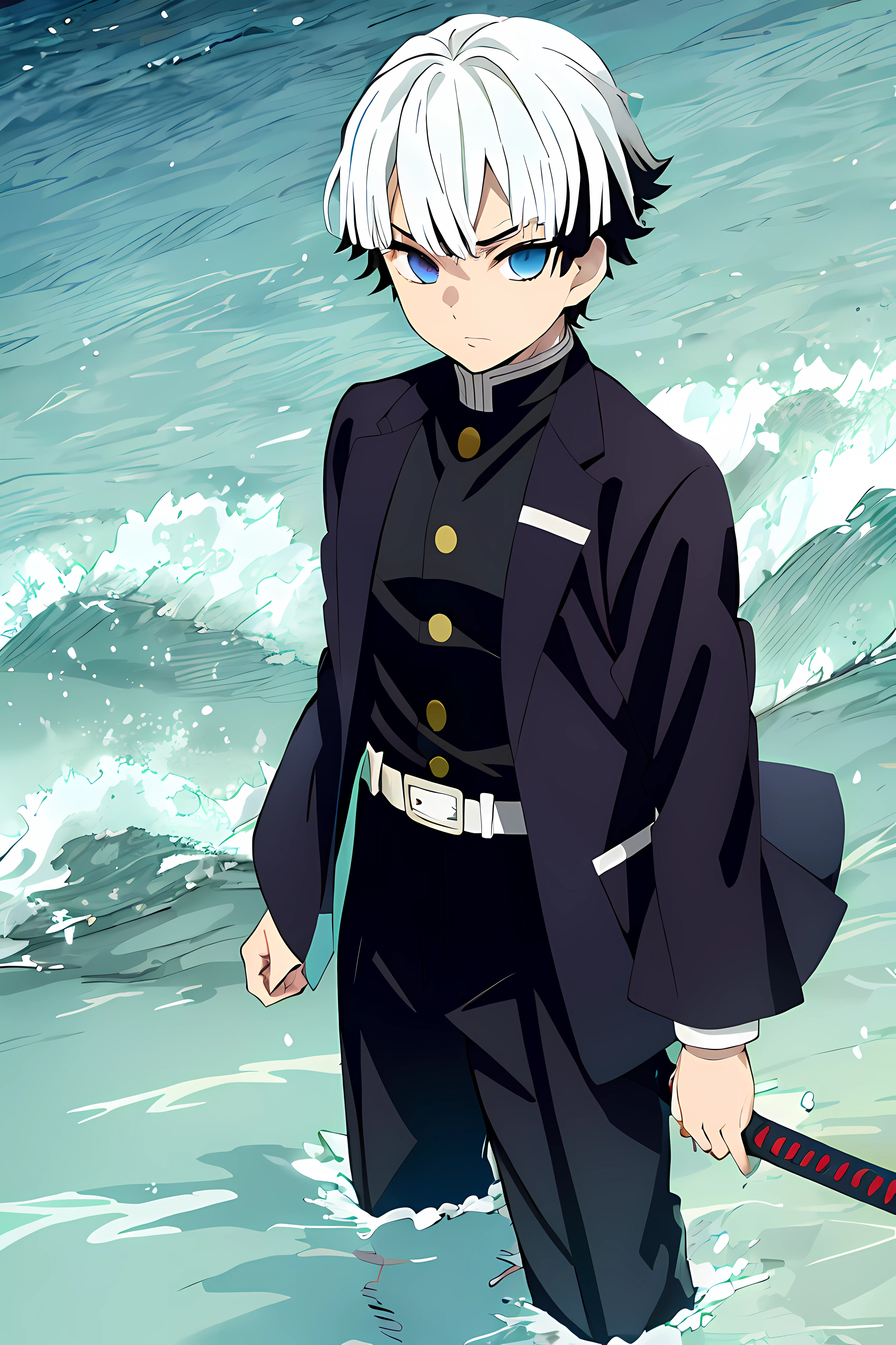 kimetsu no yaiba style, demon slayer uniform, male focus, 1boy, solo, black hair, blue eyes, waves, japanese clothes, water, haori, belt, katana, weapon, white belt, long sleeves, closed mouth, looking at viewer, jacket, bangs, ocean, cowboy shot, pants, black pants, outdoors, anime coloring, ((masterpiece)), ken kaneki