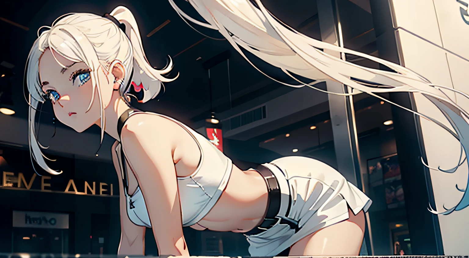 1 beauty,largeeyes,long eyelasher,white skinned,Harnes,Short leather skirt,Flowing ponytail hair,in mall
