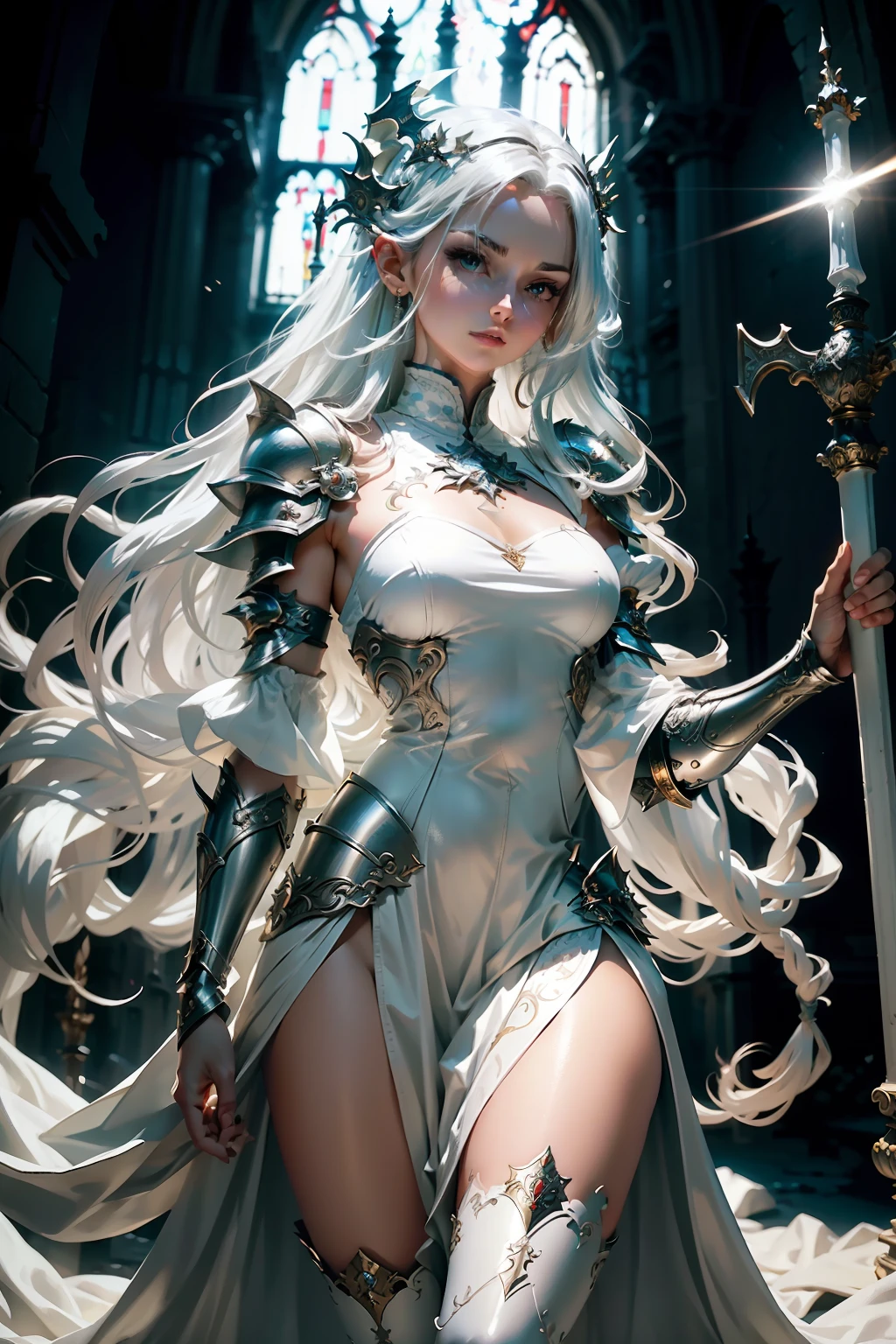 tmasterpiece，Best image quality，woman，Dragon Knight，Overhead light，Slender body，Elegant posture，Long hair in white color，Short pleated skirt，Bare chest，show legs，open waist，Arms do not use cloth，On the shoulders is silver-white armor，The body has silvery-white decorations，White stockings silver decorative legs，Hold a sword in hand，Light coming in from the church windows in the background