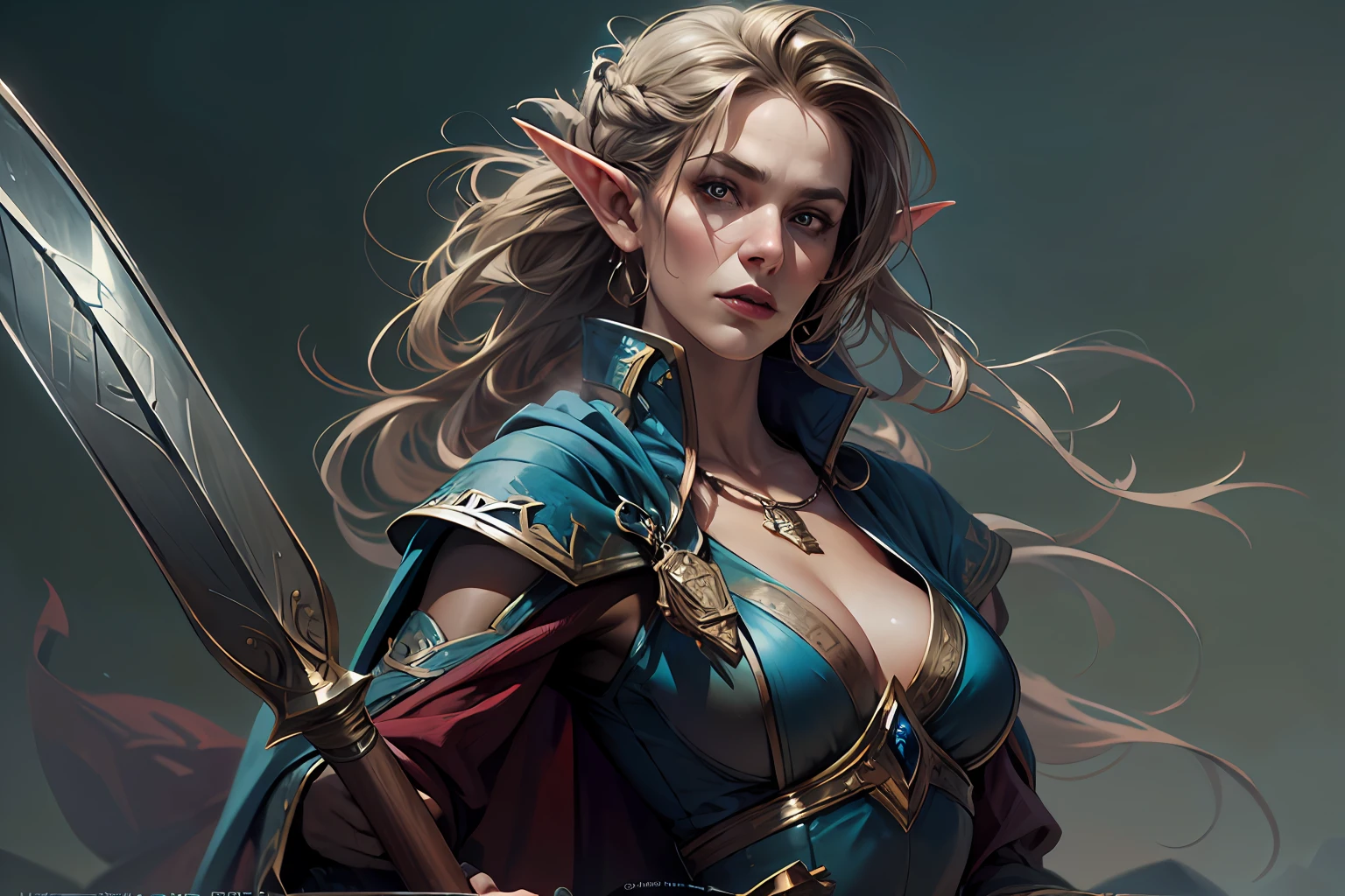 an ultra wide, full body, a picture of a female elf (intense details, Masterpiece, best quality: 1.5) fantasy swashbuckler, fantasy fencer, armed with a slim sword, shinning sword, metallic shine, colorful clothes, dynamic clothing, epic beautiful female elf (intense details, Masterpiece, best quality: 1.5), rich hair, braided hair, small pointed ears, fantasy urban street (intense details, Masterpiece, best quality: 1.5),  purple cloak, long cloak (intense details, Masterpiece, best quality: 1.5), sense of daring, sense of adventure,  high details, best quality, 8k, [ultra detailed], masterpiece, best quality, (extremely detailed), dynamic angle, ultra wide shot, photorealistic, RAW, fantasy art, dnd art,fantasy art, realistic art, octane rendering@