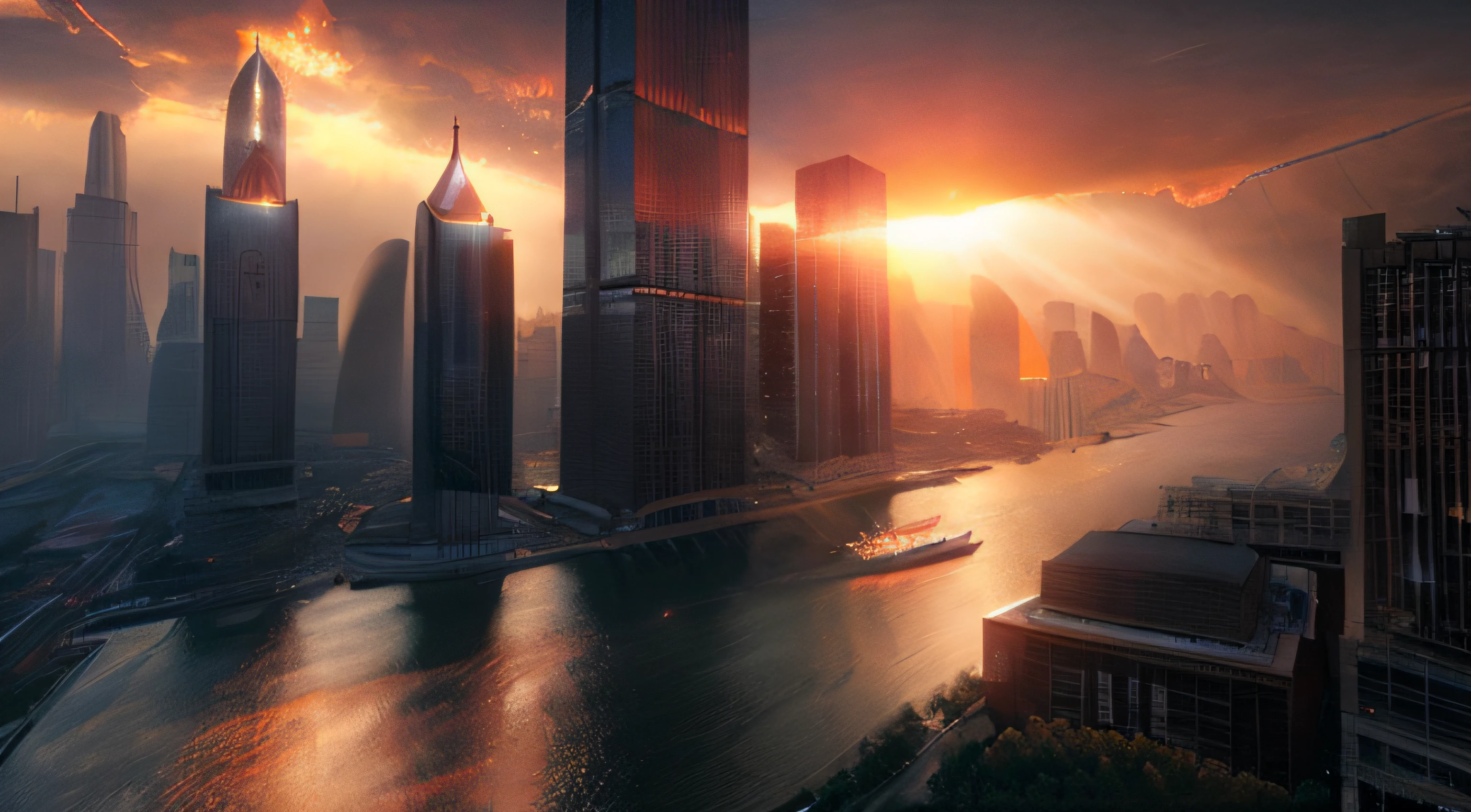 Armageddon、end of the world、Destruction of the city、Rays from the sky、A great catastrophe、8K、Raw-Photo、Top  Quality、​masterpiece:1.5、Ultra-lightweightHigh resolution;;、Photorealcitic:1.5、Cinematic light、Soft volumetric lighting:1.5、realisitic、Photorealcitic:1、Detailed skins、profesional lighting、a photo of、foco nítido、The Details、profesional lighting、photon maping、Detailed and complex environments、ighly Details、Top  Quality、Artistic photography、photorrealistic concept art、silky, Natural volumetric cinematic perfect lighting、midjourney、detailed hands、