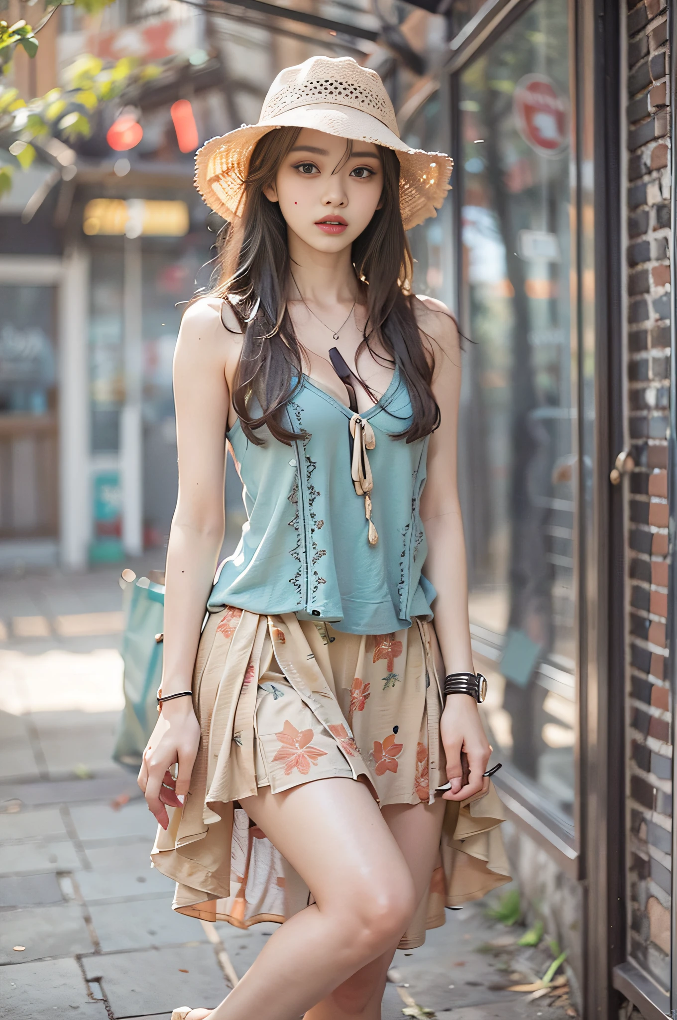 Top image quality、Raw photography、超A high resolution、Cute girl at 18 years old、Shooting for one person only、big round chest、cleavage of the breast、Patterned tank top、Skirt、Shiny hair、Beautiful Eyes of Details、very elongated eyes、Beautiful eyelashes、Beautiful double eyelids、Beautiful legs、very thin thighs、very slender legs、eyeshadows、耳Nipple Ring、Posing like a fashion model、Wear clothes of famous designers、Summer and autumn costumes
