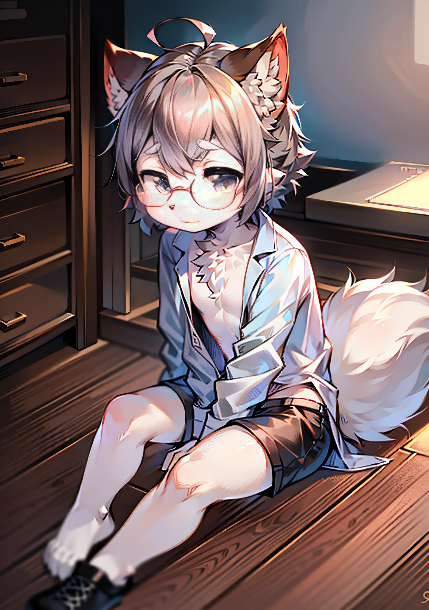 eyes with brightness,Full body photo of the character,Q version,头像框, Character focus,独奏, shaggy, Furry male cat, White fur for men, Gray eye, Gray hair(The long)Loli style,Little cute, Will sell moe,Wear a lab gown and black shorts,Has two tails,sitting in office,Wear glasses