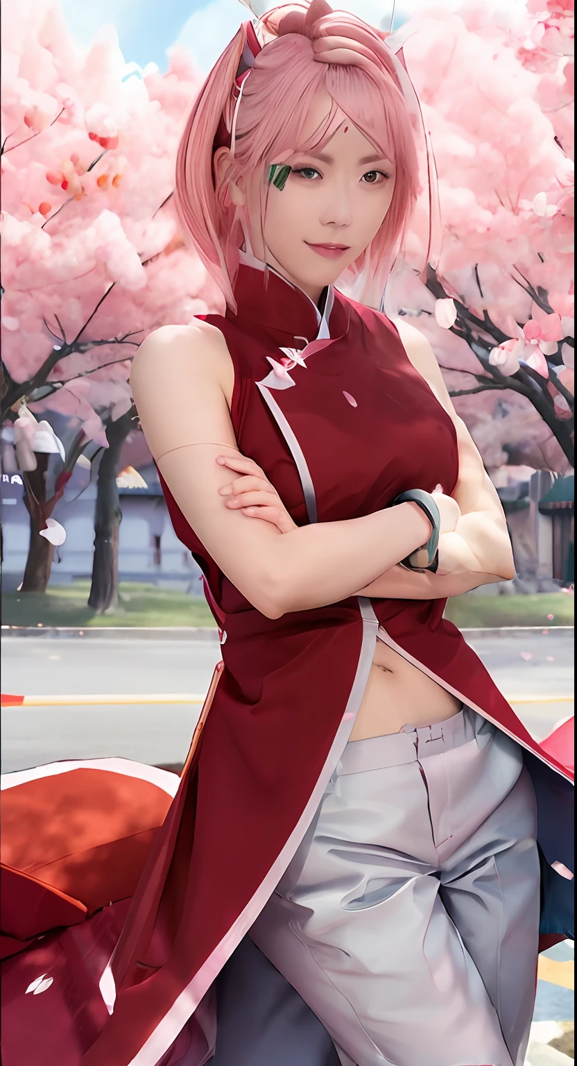Haruno sakura with pink hair and a red cape standing in front of a tree, sakura haruno, haruno sakura, sakura haruno in slug, female protagonist 👀 :8, sakimi chan, sakura kinomoto, fox nobushi, ultra realistic, real, red kimono swit