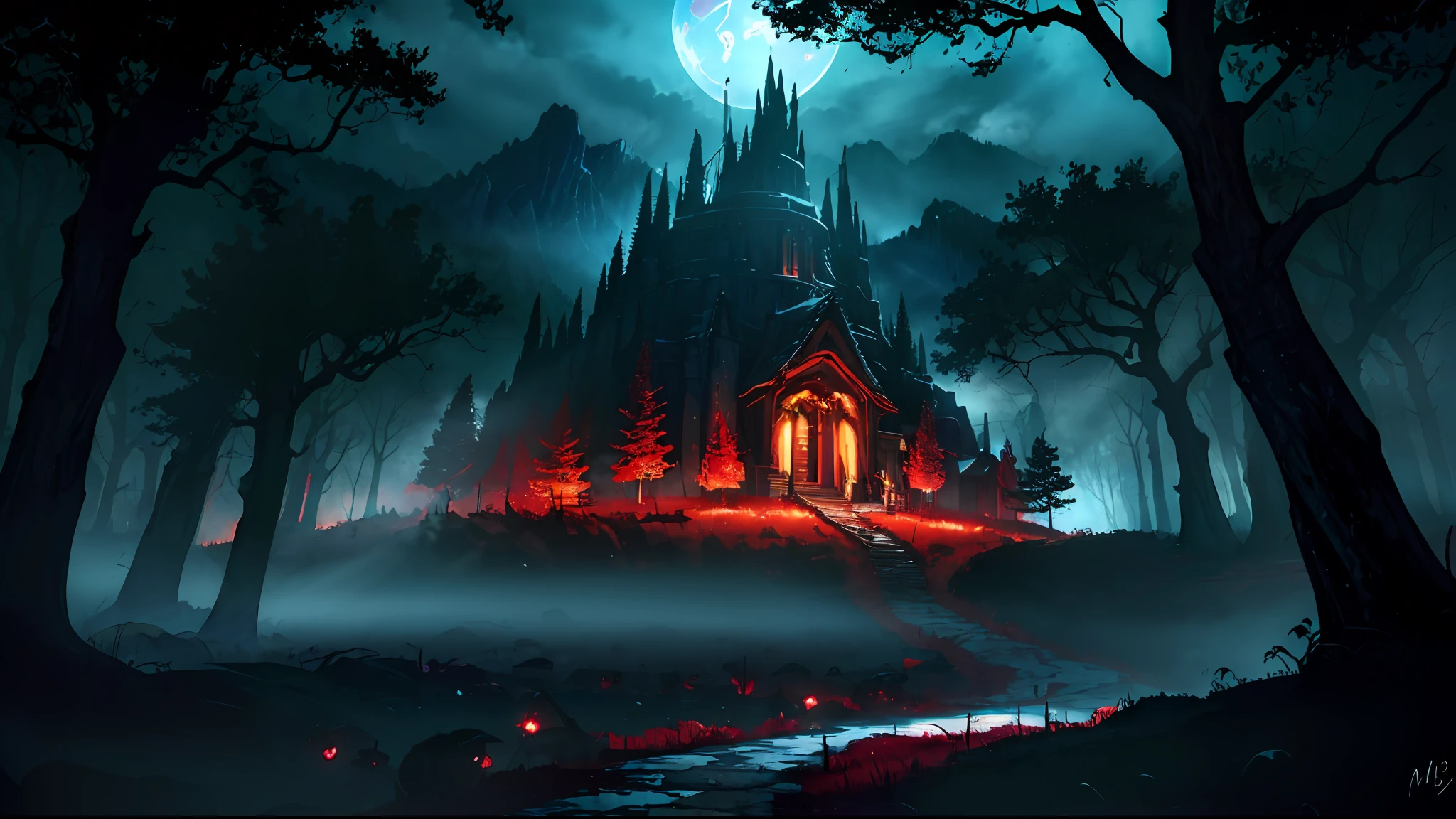 (masterpiece, best quality:1.4), (captivating digital art), cinematic lighting, colorful, high contrast, eerie mountain landscape, lush grass, twisted trees, night scene, (horror theme:1.2), (menacing monster:1.2) lurking in shadows, dark atmosphere, blood rain pouring down, blood-red river flowing, haunting blood moon in the sky, chilling and intense visual experience