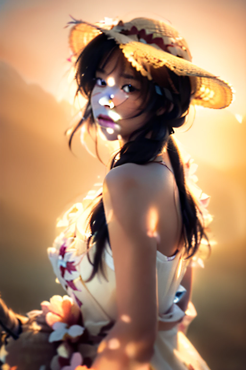 (extreme close up:1.5), (face focus:2),(Style of ???? ???:1.5),
((side face:2)),(1girl surrounded by soft_light:1.5), (backlighting:1.8), (lighting),(flowing fabric:1.3), ((Floral_summer_dress:1.5),(Straw_hat:1.3)),
(masterpiece), realistic, HDR, highly detailed, 8k, raw photo,
ambient occlusion, natural, harmonious composition, warm tones, fine art photography,