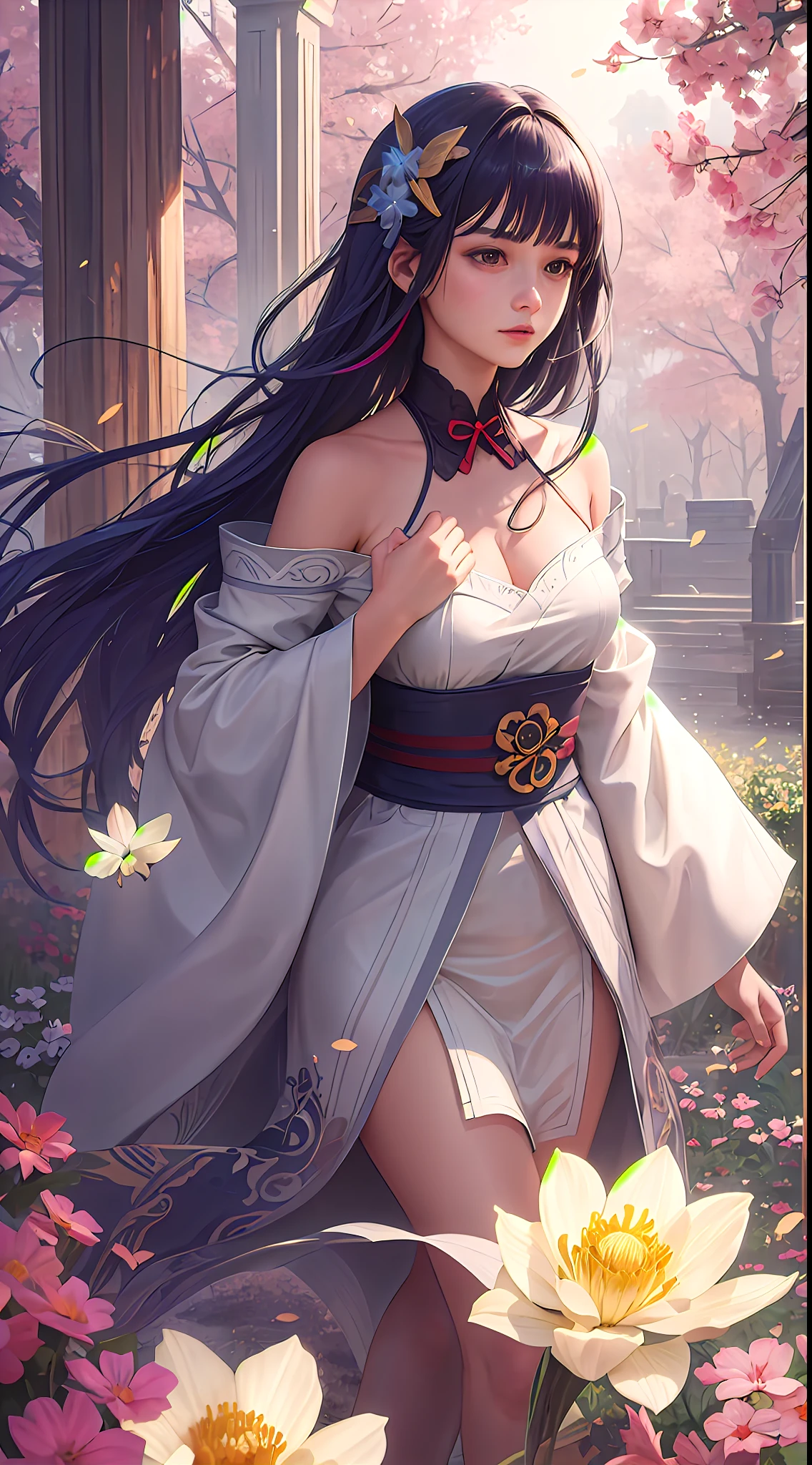 Raiden Shogun,1girll, Solo, full bodyesbian, (Masterpiece:1.21), (Best quality:1.2), Colorful, (illustration:1.2), (Cinematic lighting:1.1), (Bare shoulders:1.21), (鎖骨:1.21) In this whimsical and fantastic garden,The scene is rainbowed(colorful fireflies)illuminate,dance through the air。soft(Drizzle)Decorate the garden,It creates a hazy and ethereal atmosphere。In the center of the screen,There was a single teenage girl standing,Extremely delicate girl,Lovely facial features,The expression is innocent。Her long hair fluttered in the wind。She wears an ultra-low-cut strapless dress,Highlight her delicate curves。The lighting is very delicate and beautiful,Creates a soft and warm glow,Highlights the surface of the water,making it sparkle like diamonds。The finest grass is also illuminated,Create a lush carpet。The garden is surrounded by colorful fields of flowers,Flowers of all colors and shapes bloom。Various colors and sizes can be seen(Colorful butterflies)Fly around the scene,It adds to the overall sense of wonder and magic。 (Gentlemen),A flush is visible at the bridge of the nose,The mouth opened slightly,It also adds to the overall sense of innocence and youthfulness。Falling petals can be seen floating around her,It adds to the overall romance and beauty。A gentle breeze,The leaves rustle,Flowers sway,Adds to the overall dynamism and vitality。It is a scene of pure wonder and magic,Full of color and beauty,Viewers can lose themselves in this fascinating and fascinating world。