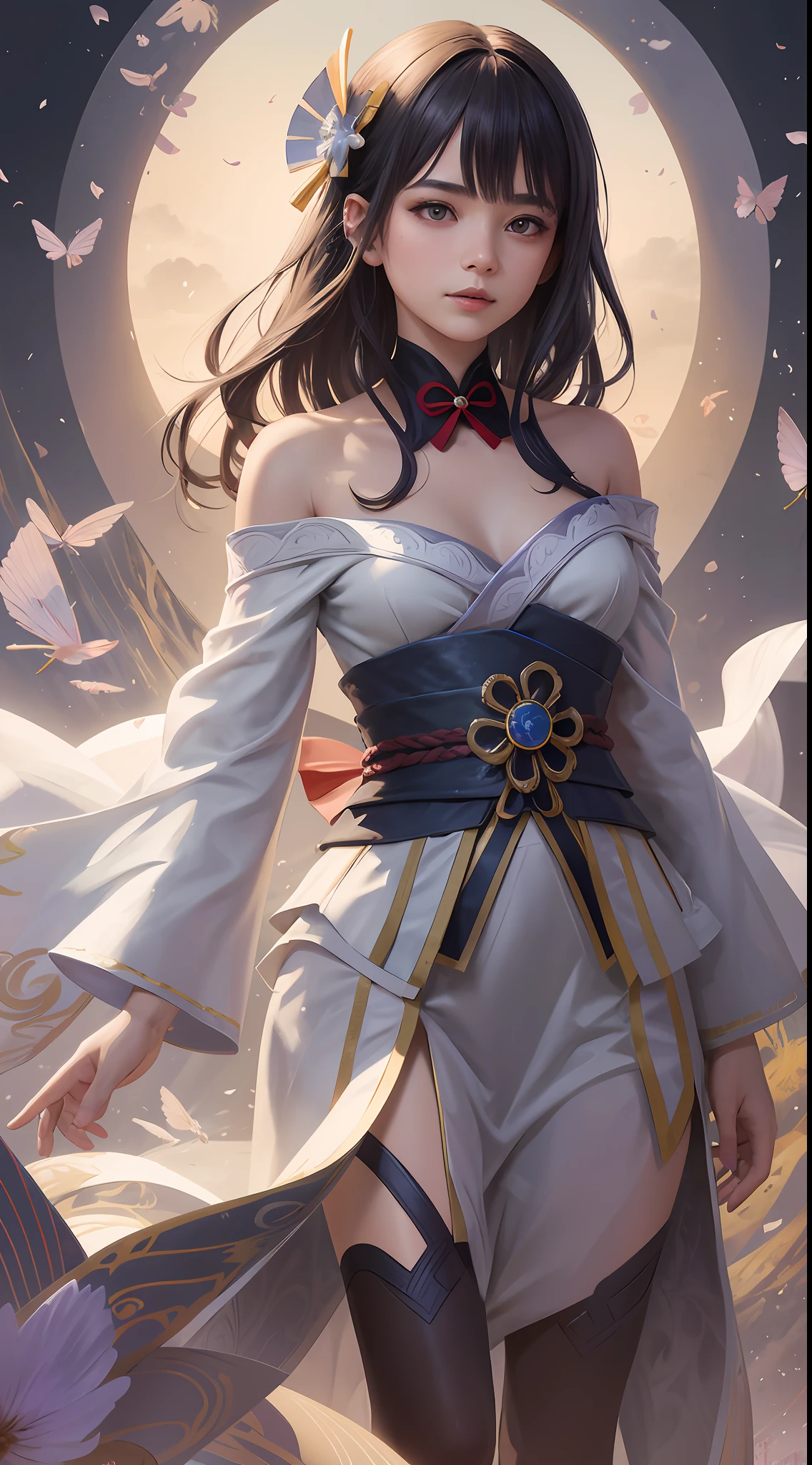 Raiden Shogun,1girll, Solo, full bodyesbian, (Masterpiece:1.21), (Best quality:1.2), Colorful, (illustration:1.2), (Cinematic lighting:1.1), (Bare shoulders:1.21), (鎖骨:1.21) In this whimsical and fantastic garden,The scene is rainbowed(colorful fireflies)illuminate,dance through the air。soft(Drizzle)Decorate the garden,It creates a hazy and ethereal atmosphere。In the center of the screen,There was a single teenage girl standing,Extremely delicate girl,Lovely facial features,The expression is innocent。Her long hair fluttered in the wind。She wears an ultra-low-cut strapless dress,Highlight her delicate curves。The lighting is very delicate and beautiful,Creates a soft and warm glow,Highlights the surface of the water,making it sparkle like diamonds。The finest grass is also illuminated,Create a lush carpet。The garden is surrounded by colorful fields of flowers,Flowers of all colors and shapes bloom。Various colors and sizes can be seen(Colorful butterflies)Fly around the scene,It adds to the overall sense of wonder and magic。 (Gentlemen),A flush is visible at the bridge of the nose,The mouth opened slightly,It also adds to the overall sense of innocence and youthfulness。Falling petals can be seen floating around her,It adds to the overall romance and beauty。A gentle breeze,The leaves rustle,Flowers sway,Adds to the overall dynamism and vitality。It is a scene of pure wonder and magic,Full of color and beauty,Viewers can lose themselves in this fascinating and fascinating world。