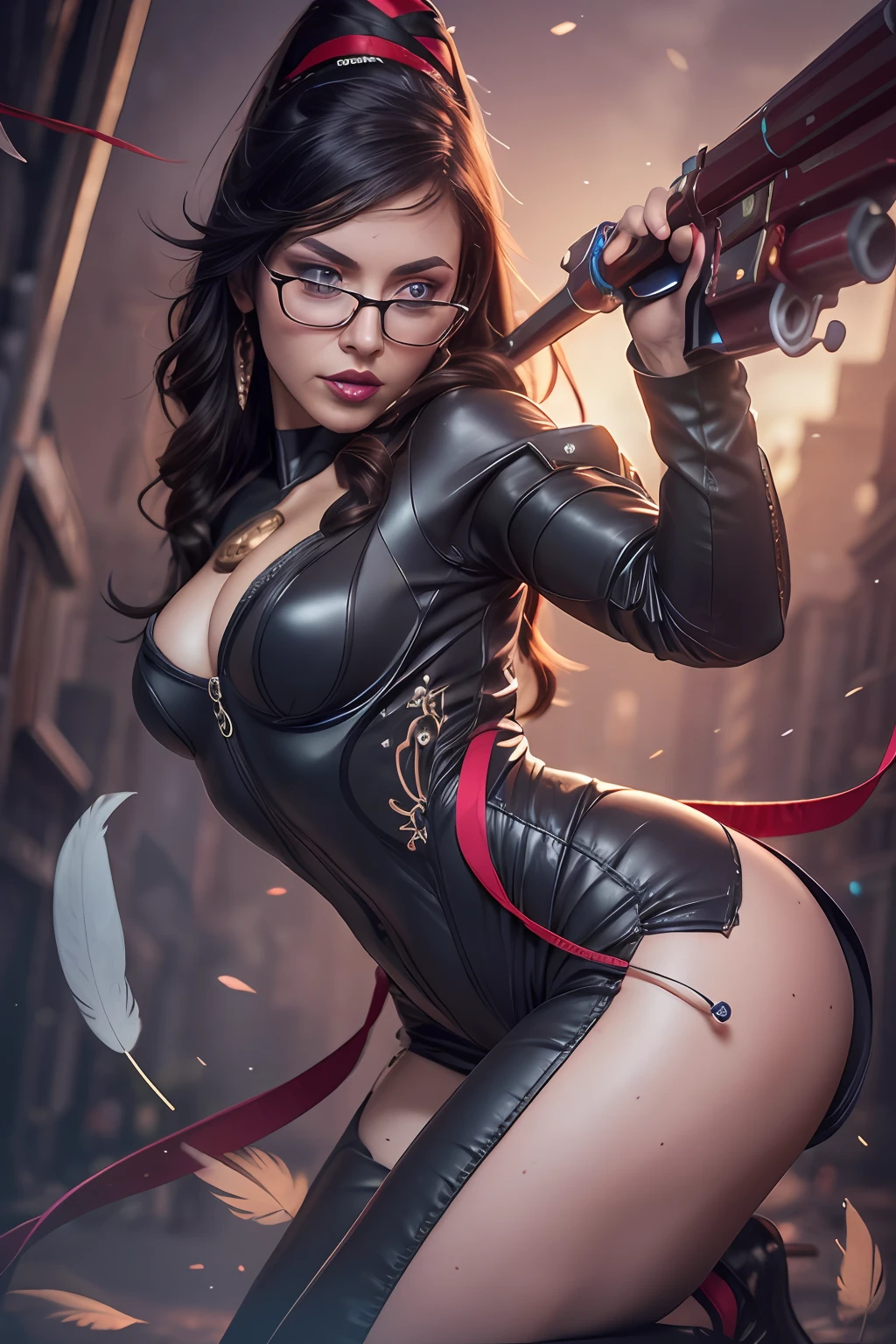 cereza 1girl, solo, breasts,glasses, blue eyes, gloves, ribbon, cleavage, jewelry, weapon, ass, earrings, mole, gun, bodysuit, makeup, feathers, lipstick, mole under mouth, dual wielding (realistic:1.2), (realism), (masterpiece:1.2), (best quality), (ultra detailed), (8k, 4k, intricate),(full-body-shot:1), (85mm),light particles, lighting, (highly detailed:1.2),(detailed face:1.2), (gradients), sfw, colorful,(detailed eyes:1.2)(detailed background),detailed landscape, (dynamic angle:1.2), (dynamic pose:1.2), (rule of third_composition:1.3), (Line of action:1.2)