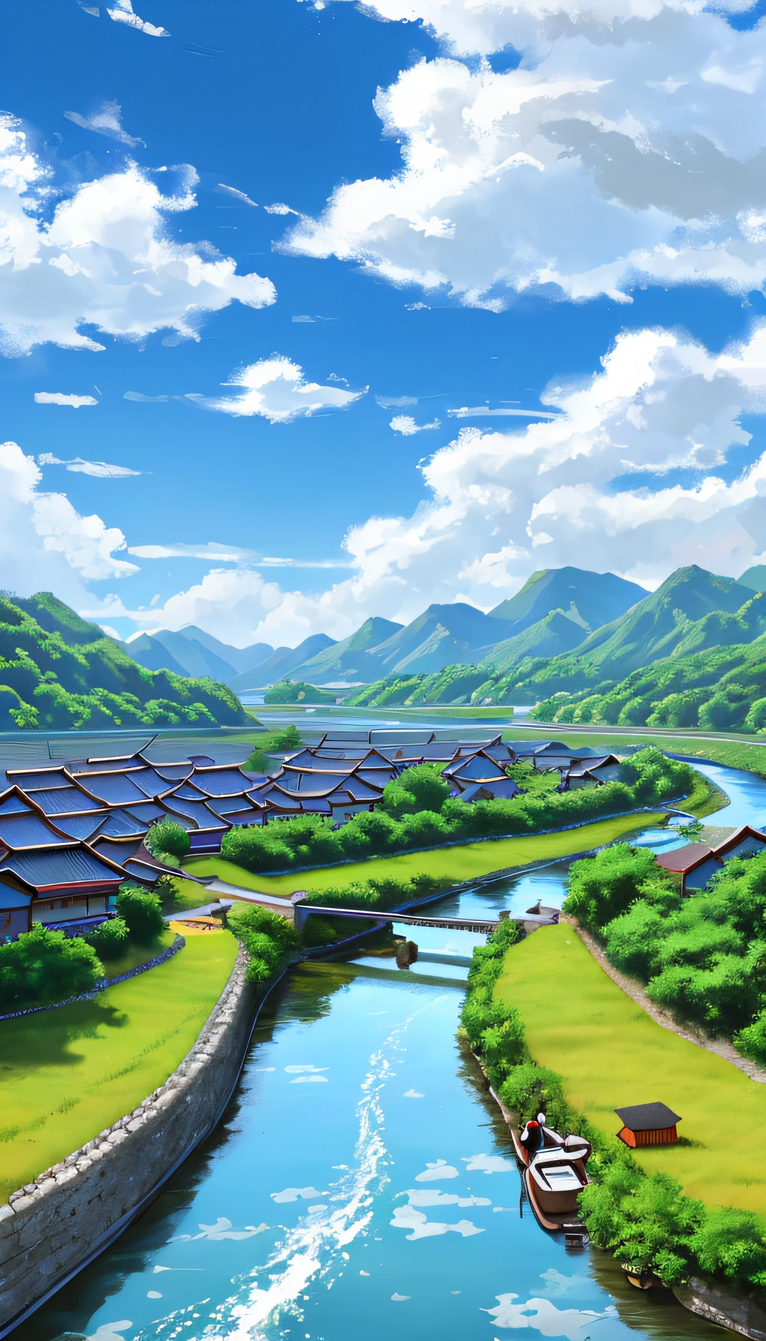 Small village with blue sky and white clouds,Small rivers bend and streams flow,The boat is leisurely, two fishermen and a dog。