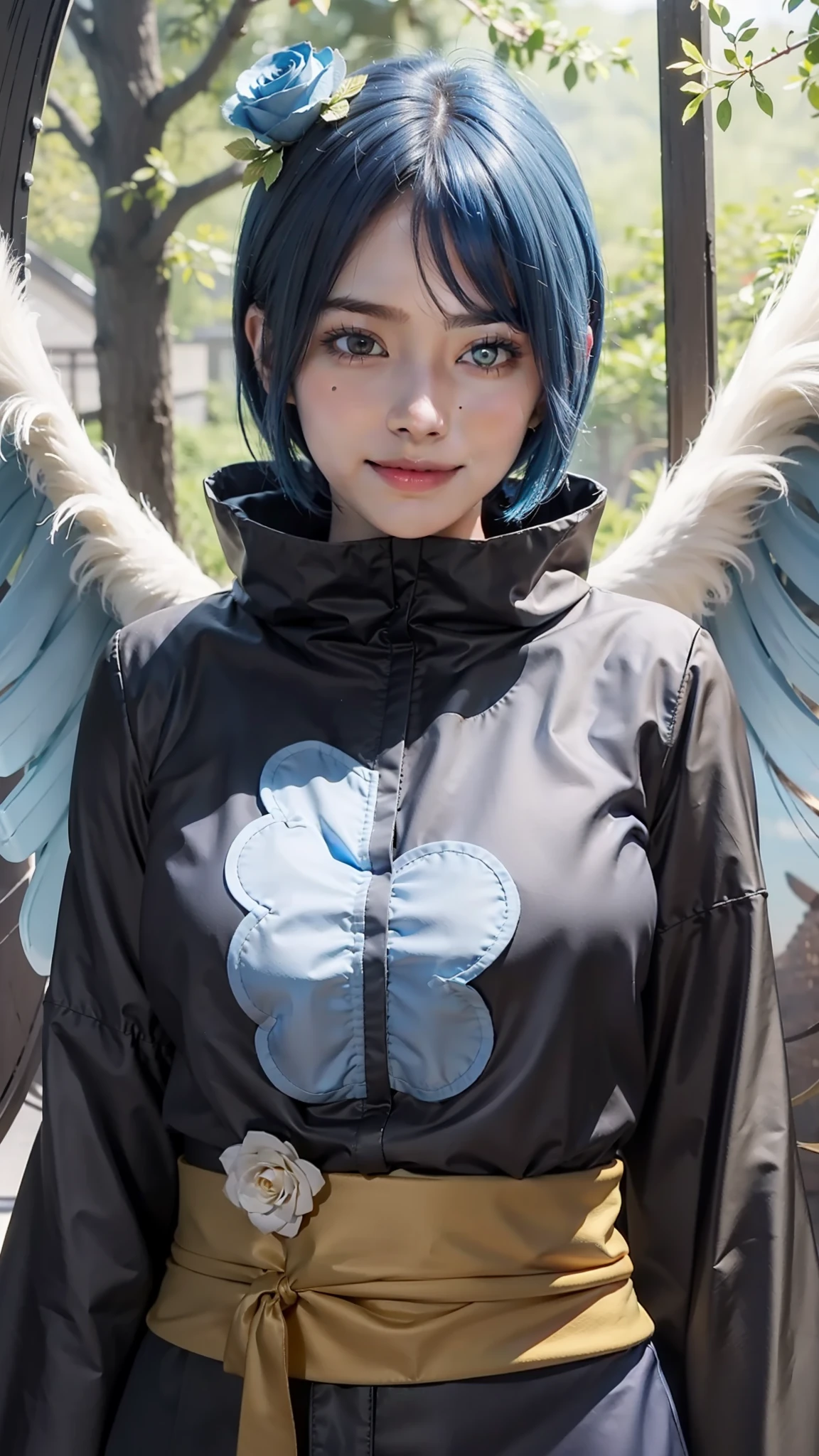 konan from anime naruto, short hair, blue hair, akatsuki robe, girl, beautiful girl, beautiful, standing, perfect body, full body, looking at viewer, smiling expression, blue rose on head, yellow eyes