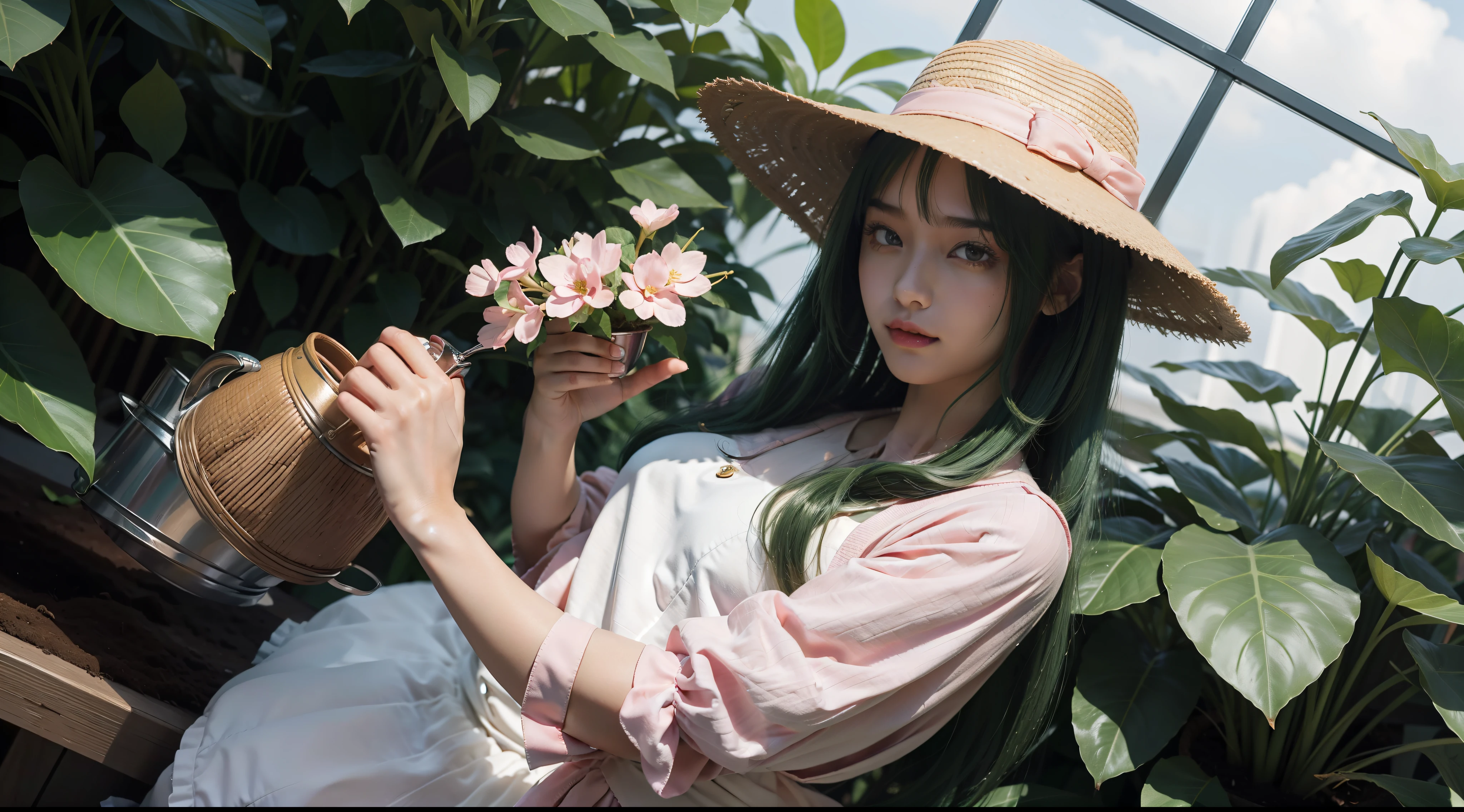 1 girl, almost 18 y.o, ((anime screencap)), ((masterpiece)), (((best quality))), ((unity 8k wallpaper)), (((ultra-detailed))), ((ultra high resolution)), ((ultra detailed eyes)), ((ultra detailed clothes)), ((ultra detailed background)), (nice hands), (nice legs), more_details:0.5, add_detail:0.5. The girl's story : She is called Hana and she is a gardener who grows and tends to magical plants. She has long and ((green hair)), decorated with flowers. Her eyes are brown and warm. She wears a ((pink and white outfit)), with a ((hat)) and an apron. She has a watering can and a pair of scissors on her hands, which she uses to care for her plants. She is in a greenhouse, where the plants are colorful and fragrant. She works with joy, holding in her right hand a seed, which she plants in a pot. She seeks to create new and beautiful hybrids, using her skills and her love. She is gentle, trusting herself and her plants. She has a ((pet plant)), which looks like a cactus. It hugs her, happy to see her.