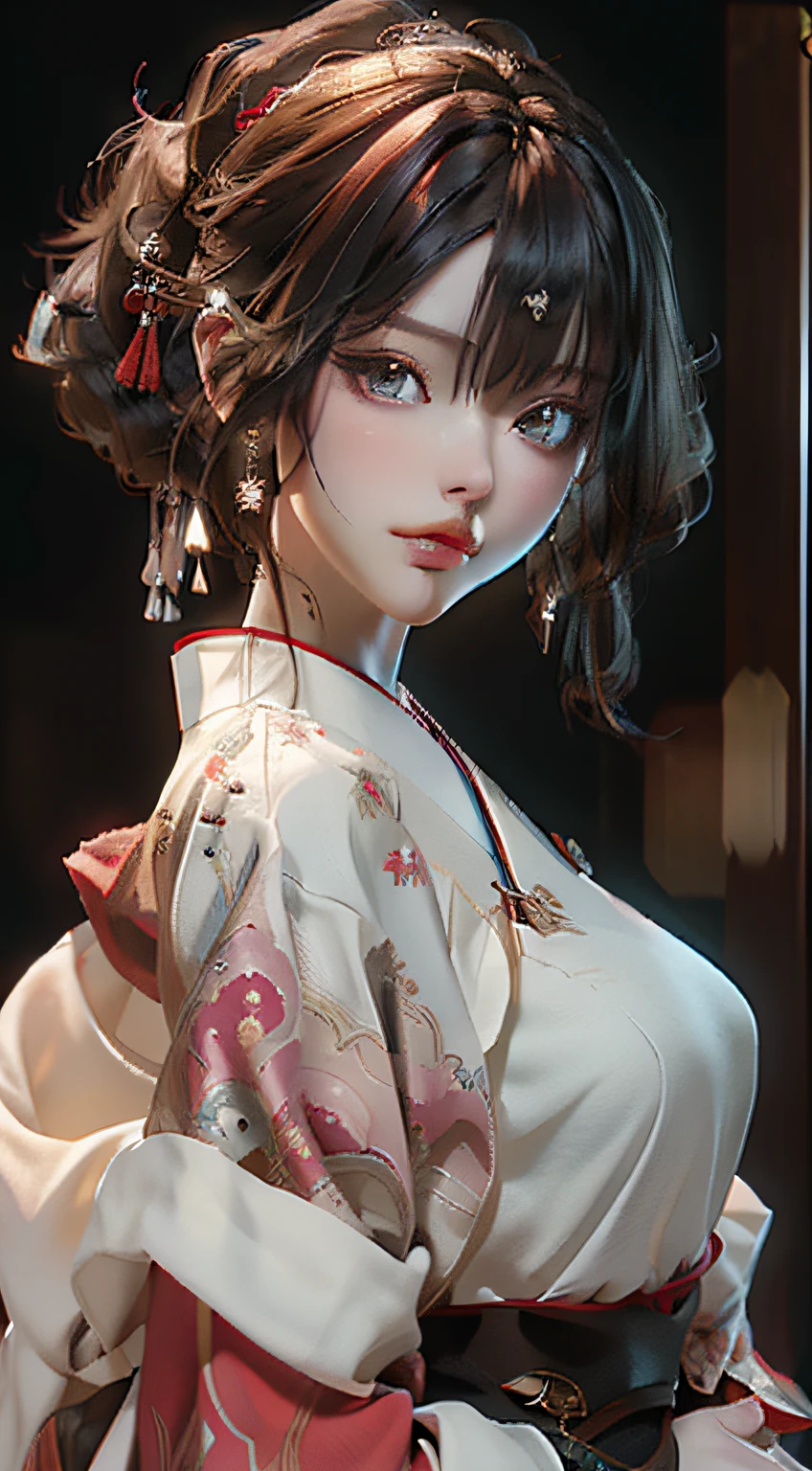 ((best qualtiy)), ((tmasterpiece)), (the detail:1.4), 3D, A beautiful cyberpunk female image,HDR(HighDynamicRange),Ray traching,NVIDIA RTX,Super-Resolution,Unreal 5,Subsurface scattering、PBR Texture、post-proces、Anisotropy Filtering、depth of fields、maximum definition and sharpness、Many-Layer Textures、Albedo e mapas Speculares、Surface Coloring、Accurate simulation of light-material interactions、perfectly proportions、Octane Render、Two-colored light、largeaperture、Low ISO、White balance、the rule of thirds、8K RAW、Elaborate Eyes,Complicated details,Anime girl with long black hair and red eyes in a red cheongsam,anime style like fate/Stay overnight,Anime girl wearing black dress,Long hair brunette anime girl,Lorish,anime in fantasy style ,Samurai of Japan ,Armor,saber,long sword