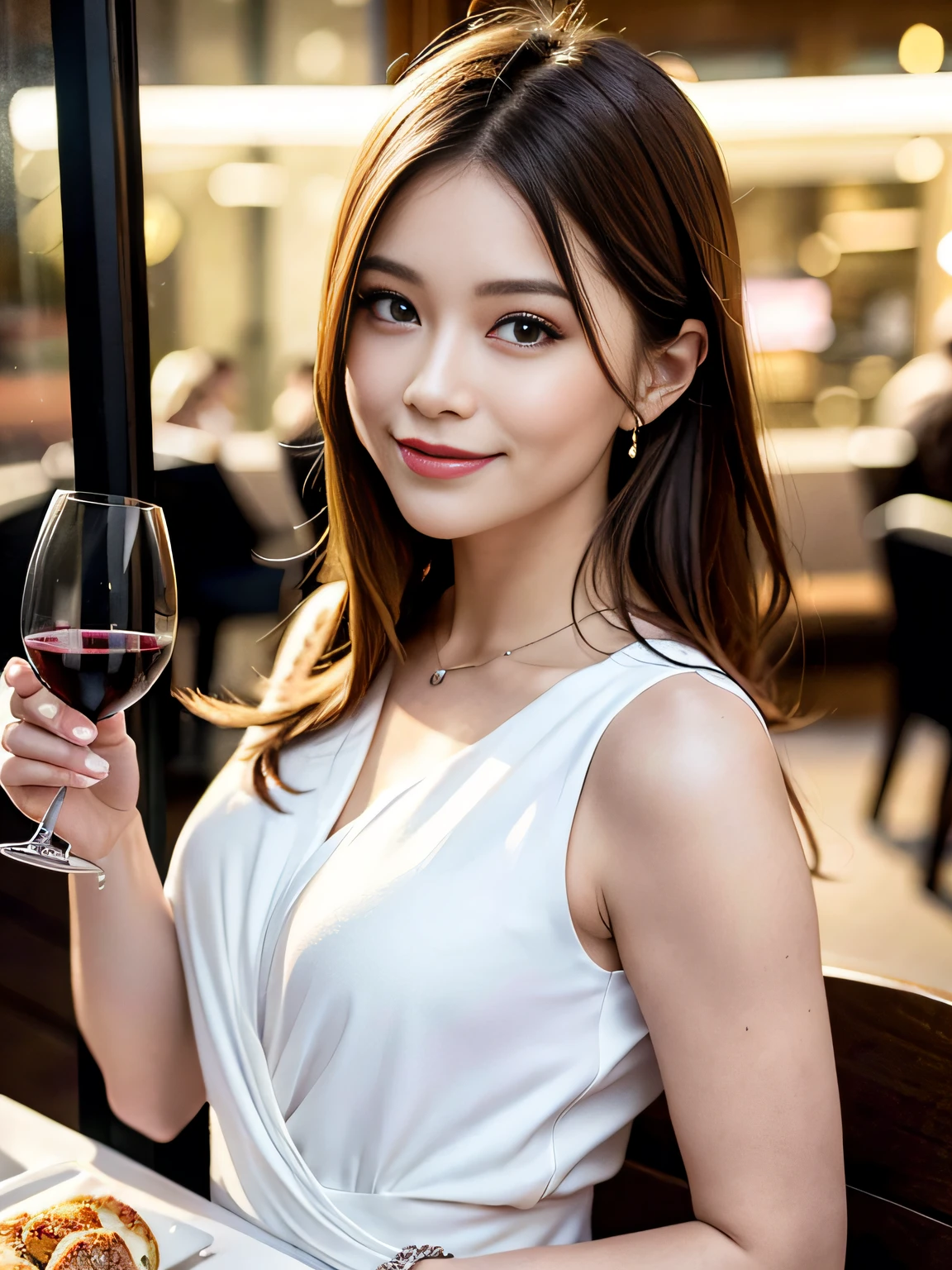 (64K, UHD, top quality, masterpiece: 1.2), (realistic, photorealistic: 1.37), super detailed, pretty woman 1 person, (slim face), (slim body), (brown hair), (short cut), cheeks slightly blushing, (44 years old), 38 years old, solo, beautiful detailed urban night view outside the window, restaurant, wine glasses sit, at night, in a prominent placeNovaFrogStyle, Actress, Model, Waist Up, White Wine, Slim, Wine Glass, Super Clean Night View, Wine Glass Put in the Middle, Happy Smile, (Smile: 1.15), Beautiful Fine Eyes, Upper Body, Bust Japan Up, Night, Short, Short, Actress, Model, Waist Up, White Wine, Slim, Wine Glass, Super Clean Night View, Wine Glass Put in the Middle, Happy Smile,
