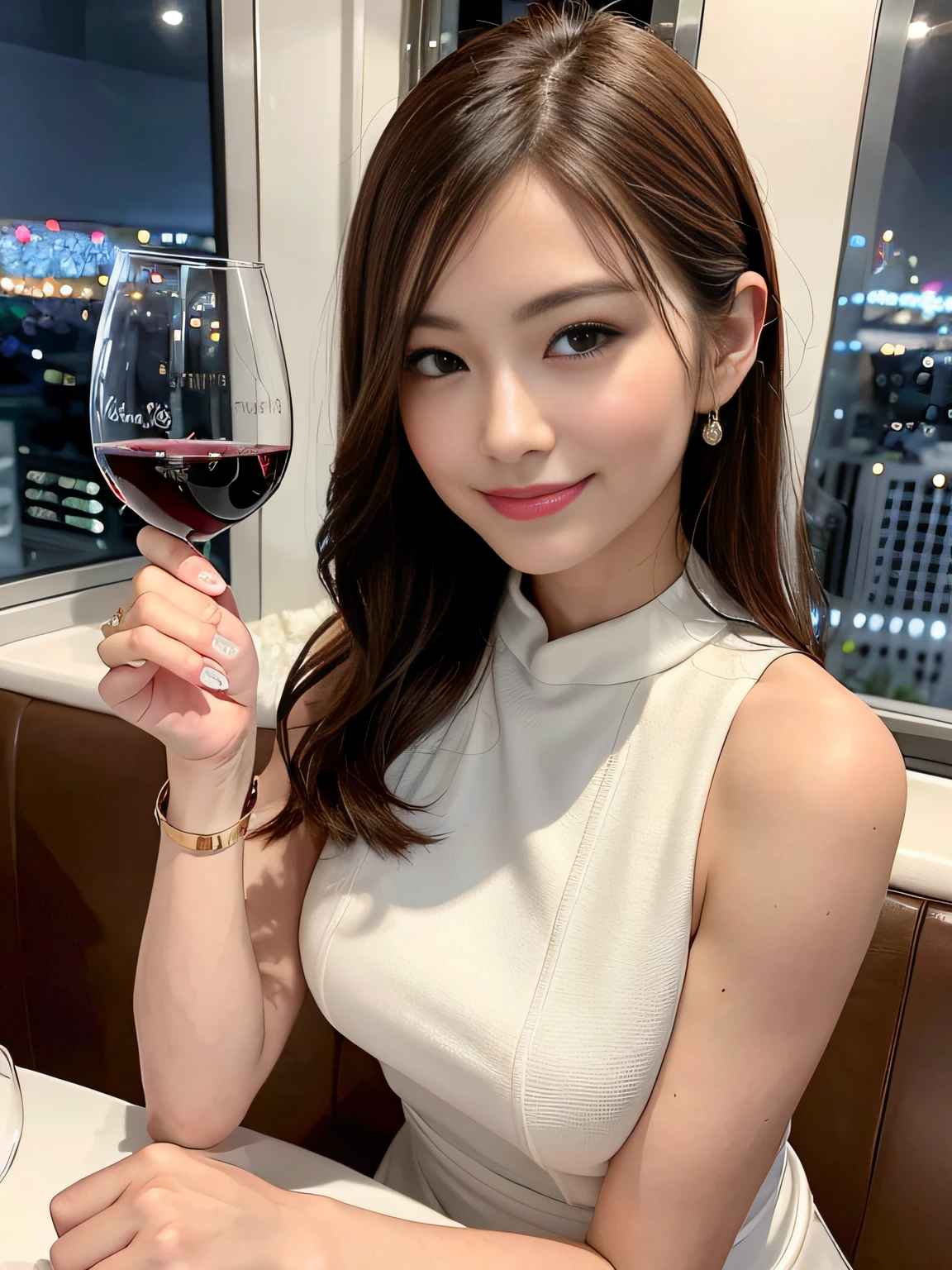 (64K, UHD, top quality, masterpiece: 1.2), (realistic, photorealistic: 1.37), super detailed, pretty woman 1 person, (slim face), (slim body), (brown hair), (short cut), cheeks slightly blushing, (44 years old), 38 years old, solo, beautiful detailed urban night view outside the window, restaurant, wine glasses sit, at night, in a prominent placeNovaFrogStyle, Actress, Model, Waist Up, White Wine, Slim, Wine Glass, Super Clean Night View, Wine Glass Put in the Middle, Happy Smile, (Smile: 1.15), Beautiful Fine Eyes, Upper Body, Bust Japan Up, Night, Short, Short, Actress, Model, Waist Up, White Wine, Slim, Wine Glass, Super Clean Night View, Wine Glass Put in the Middle, Happy Smile,