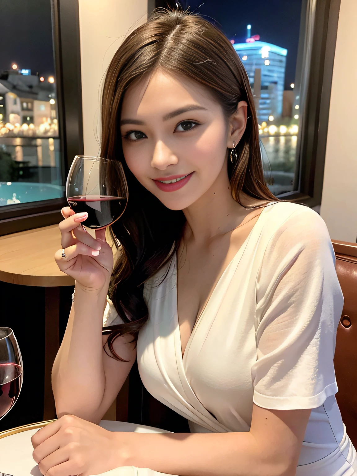 (64K, UHD, top quality, masterpiece: 1.2), (realistic, photorealistic: 1.37), super detailed, pretty woman 1 person, (slim face), (slim body), (brown hair), (short cut), cheeks slightly blushing, (44 years old), 38 years old, solo, beautiful detailed urban night view outside the window, restaurant, wine glasses sit, at night, in a prominent placeNovaFrogStyle, Actress, Model, Waist Up, White Wine, Slim, Wine Glass, Super Clean Night View, Wine Glass Put in the Middle, Happy Smile, (Smile: 1.15), Beautiful Fine Eyes, Upper Body, Bust Japan Up, Night, Short, Short, Actress, Model, Waist Up, White Wine, Slim, Wine Glass, Super Clean Night View, Wine Glass Put in the Middle, Happy Smile,