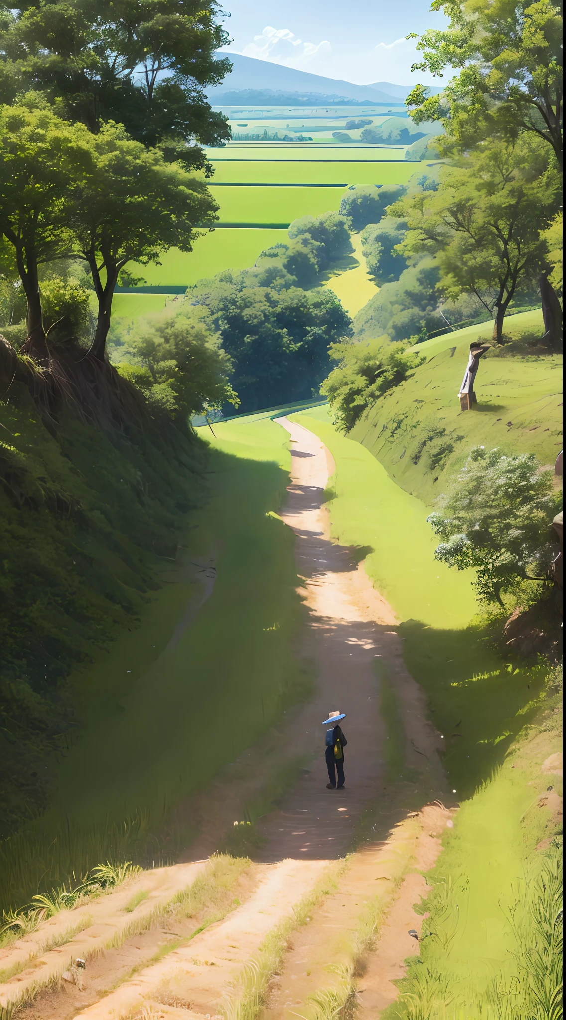 An old farmer carrying a flat burden, walking on the winding path of the countryside, big clouds, blue sky, rice fields, neat rice seedlings in the field, forest, hillside, secluded, countryside, HD detail, hyper-detail, cinematic, surrealism, soft light, deep field focus bokeh, ray tracing and surrealism. --v6