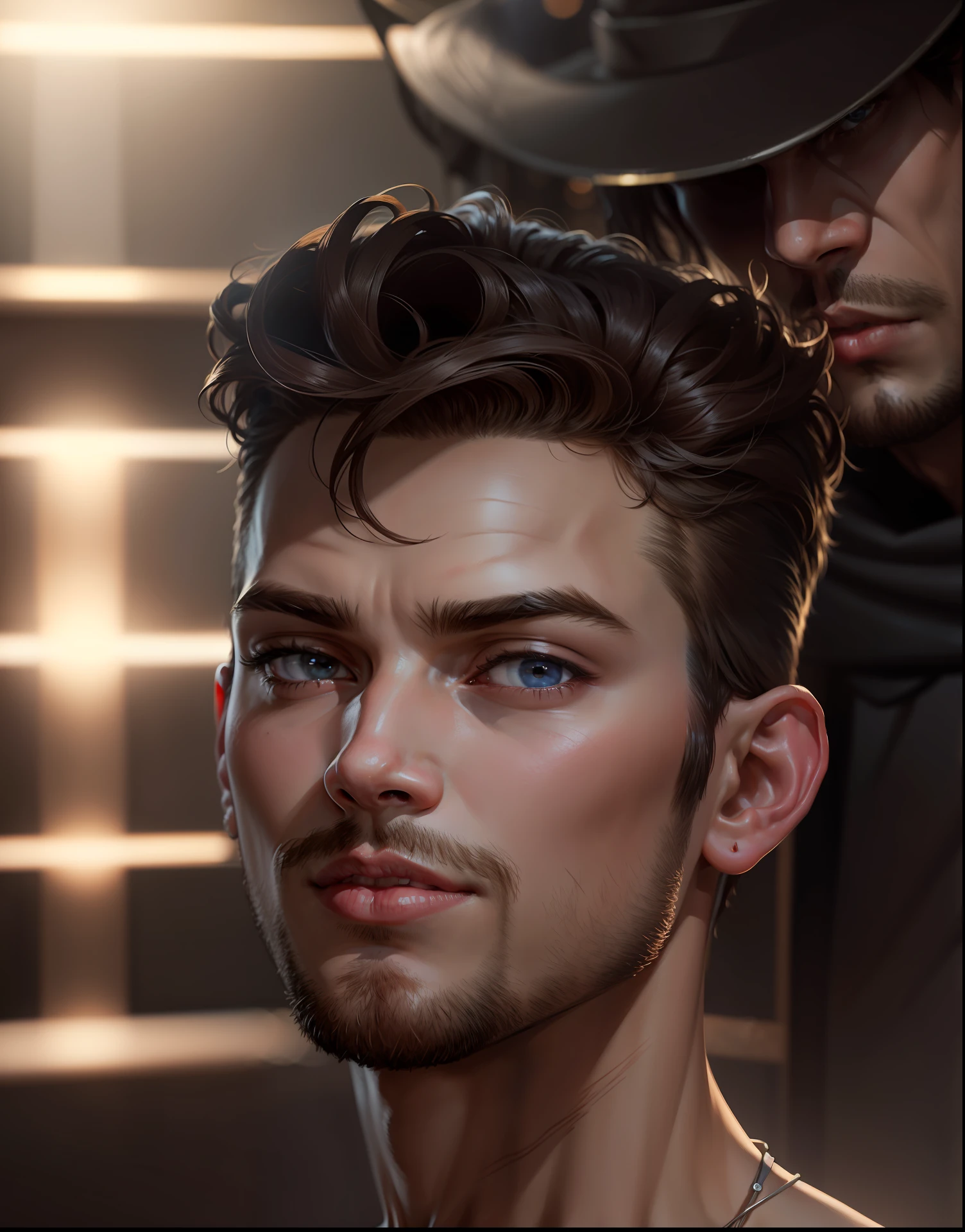 masterpiece, best quality, close-up portait, handsome shirtless , (bokeh), realistic, dramatic lighting, atmospheric,