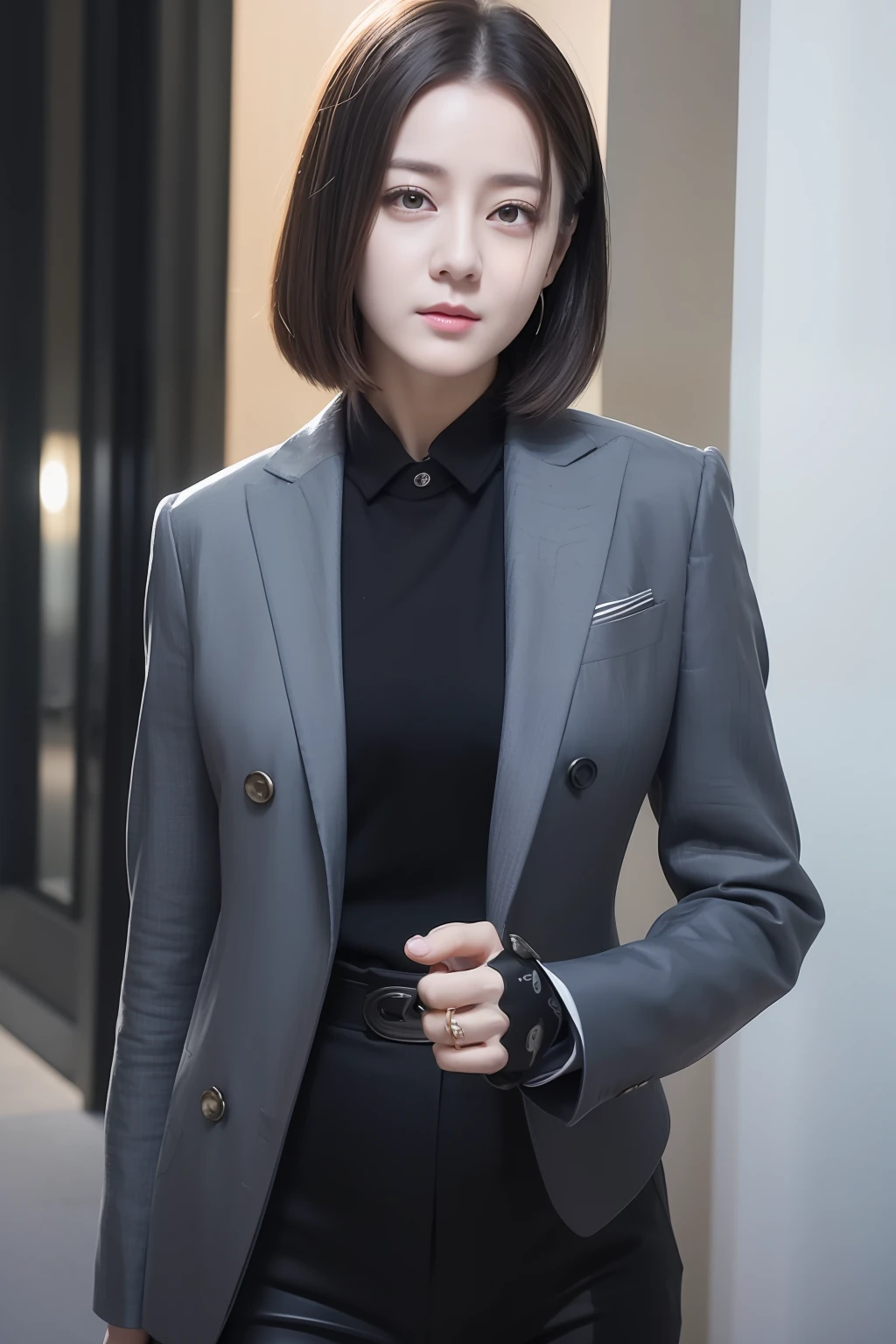 (8k, RAW photo, best quality, mastery:1.2), (realistic, photo-realistic:1.37),(Kpop idol), (aegyo sal:1),cute,professional lighting, photon mapping, radiosity, physically-based rendering , cosplay, lucy \(cyberpunk\), bob cut, mechanical parts, grey eyes, black tight suit, cyberpunk city, black pants, night, neon lights, sexy, smoke, looking at viewer,, 8k 高分辨率, 8k, CG壁纸, 现实, 清晰的背景, 中等乳房, 全身