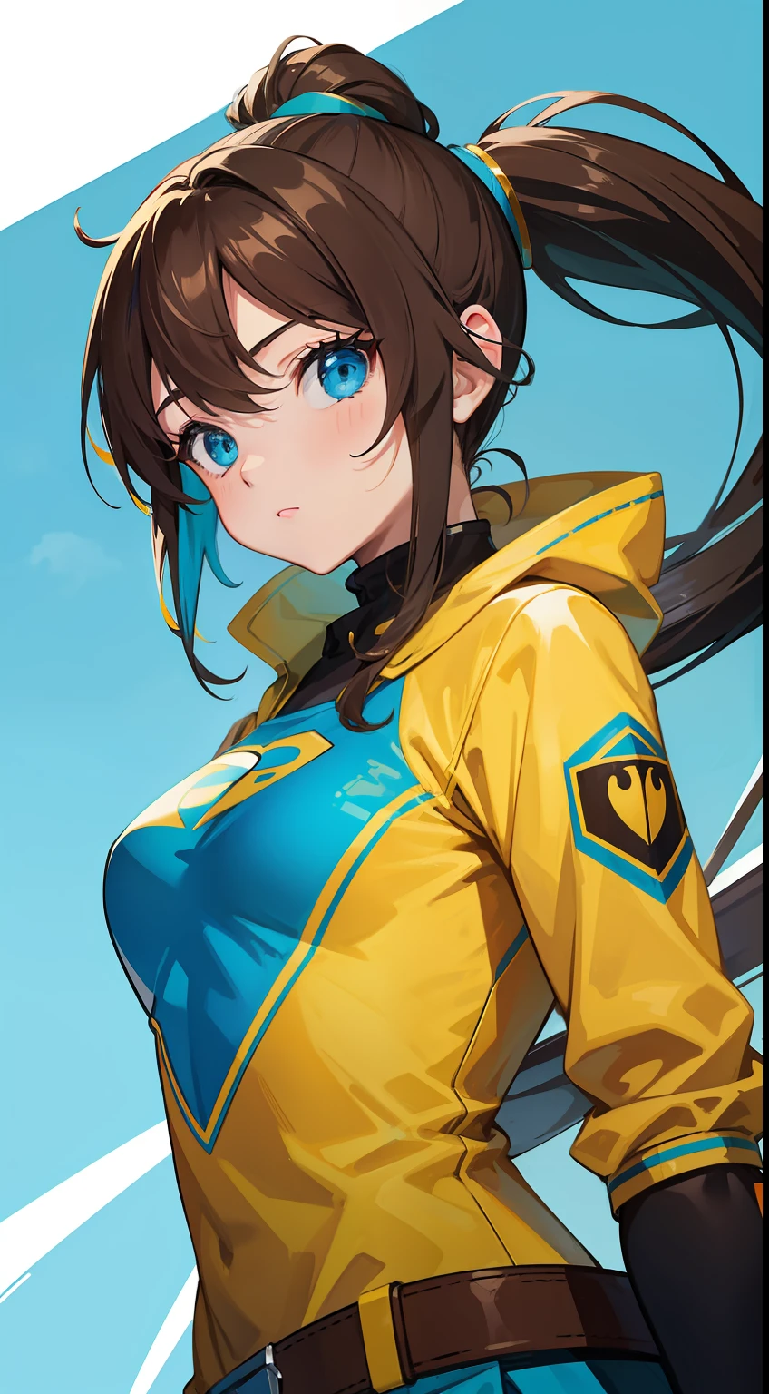 young girl, Long brown hair, high ponytail, Cyan eyes, Blue and yellow superhero uniform, Masterpiece, hiquality