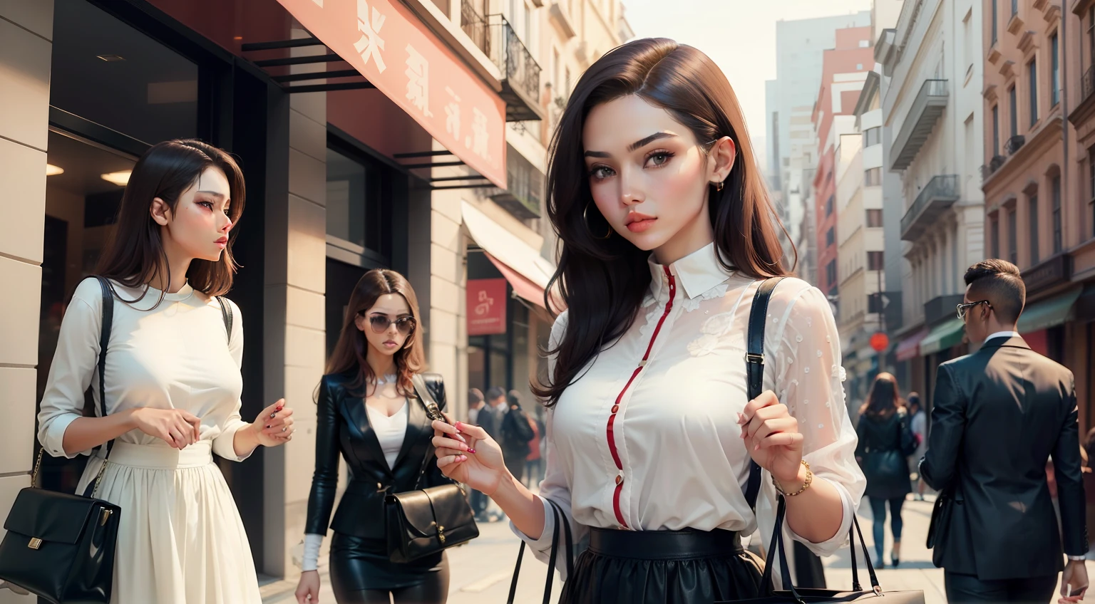 Beautiful women buy a lot of clothes and designer bags