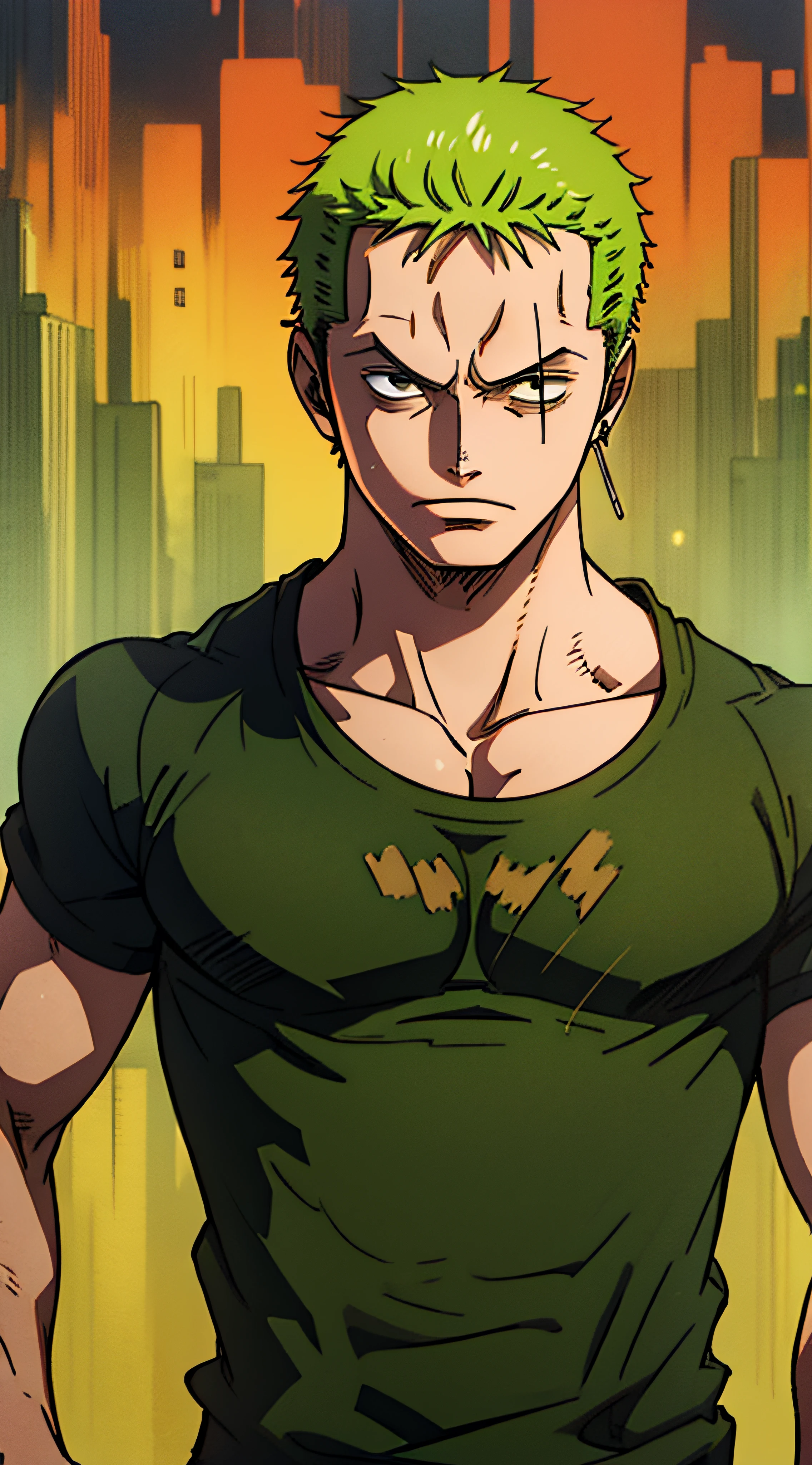 Zoro:1.2, stylish black plain t-shirt:1.1, cool demeanor, looking at the camera, half body ratio:1.1