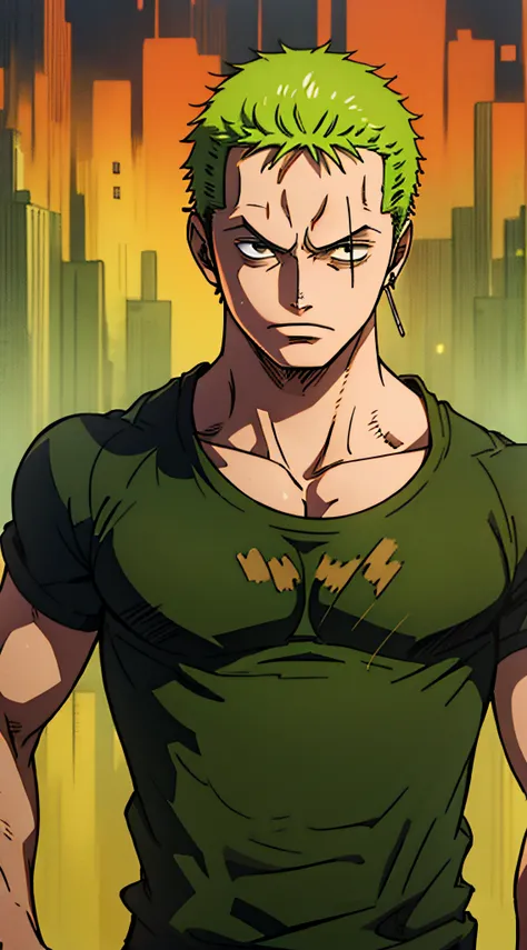 zoro:1.2, stylish black plain t-shirt:1.1, cool demeanor, looking at the camera, half body ratio:1.1