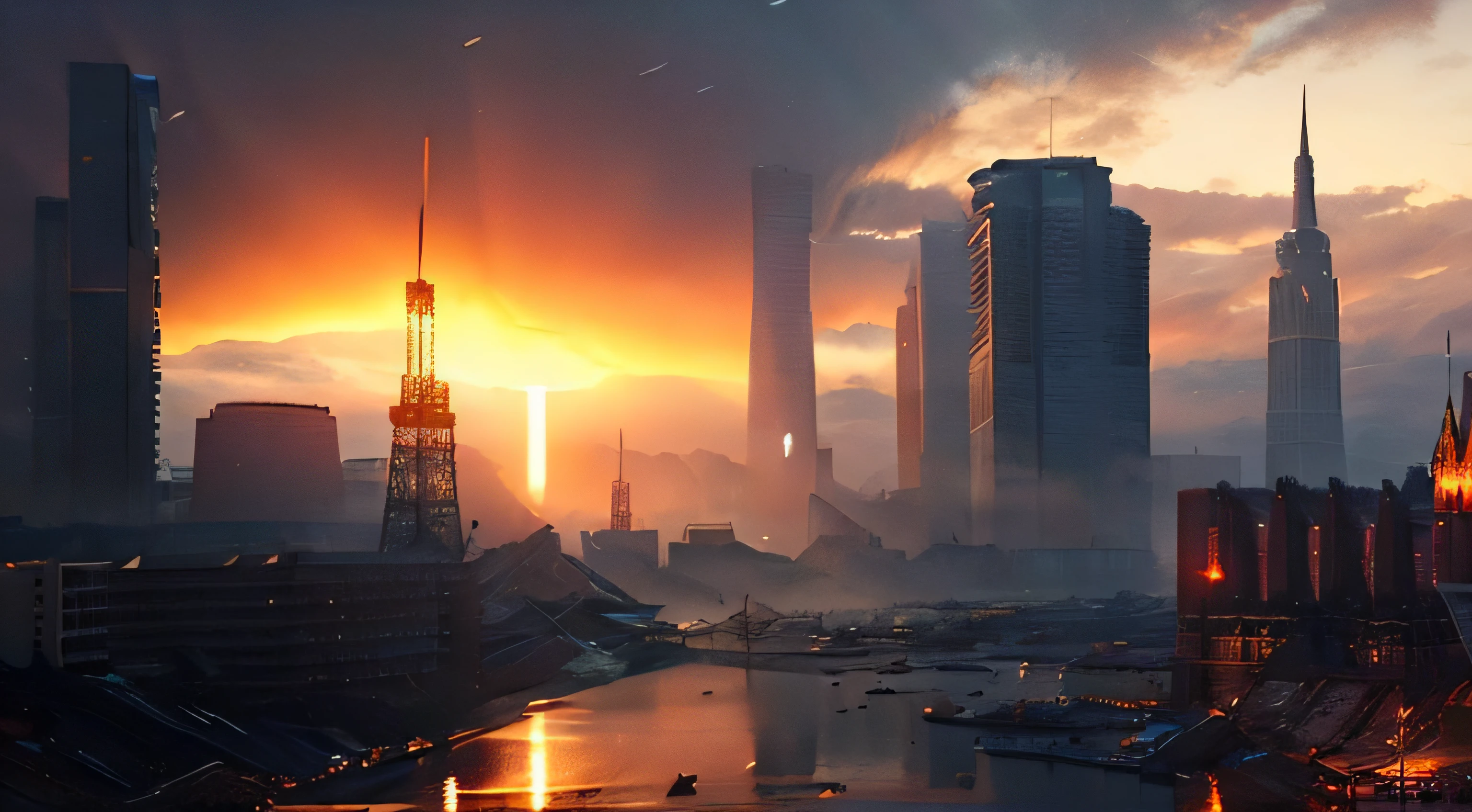 Armageddon、end of the world、Destruction of the city、Rays from the sky、A great catastrophe、8K、Raw-Photo、Top Quality、masterpiece:1.5、Ultra-lightweightHigh resolution;;;、Photorealcitic:1.5、Cinematic light、Soft volumetric lighting:1.5、realisitic、Photorealcitic:1、Detailed skins、profesional lighting、a photo of、foco nítido、The Details、profesional lighting、photon maping、Detailed and complex environments、ighly Details、Top Quality、Artistic photography、photorrealistic concept art、silky, Natural volumetric cinematic perfect lighting、midjourney、detailed hands、