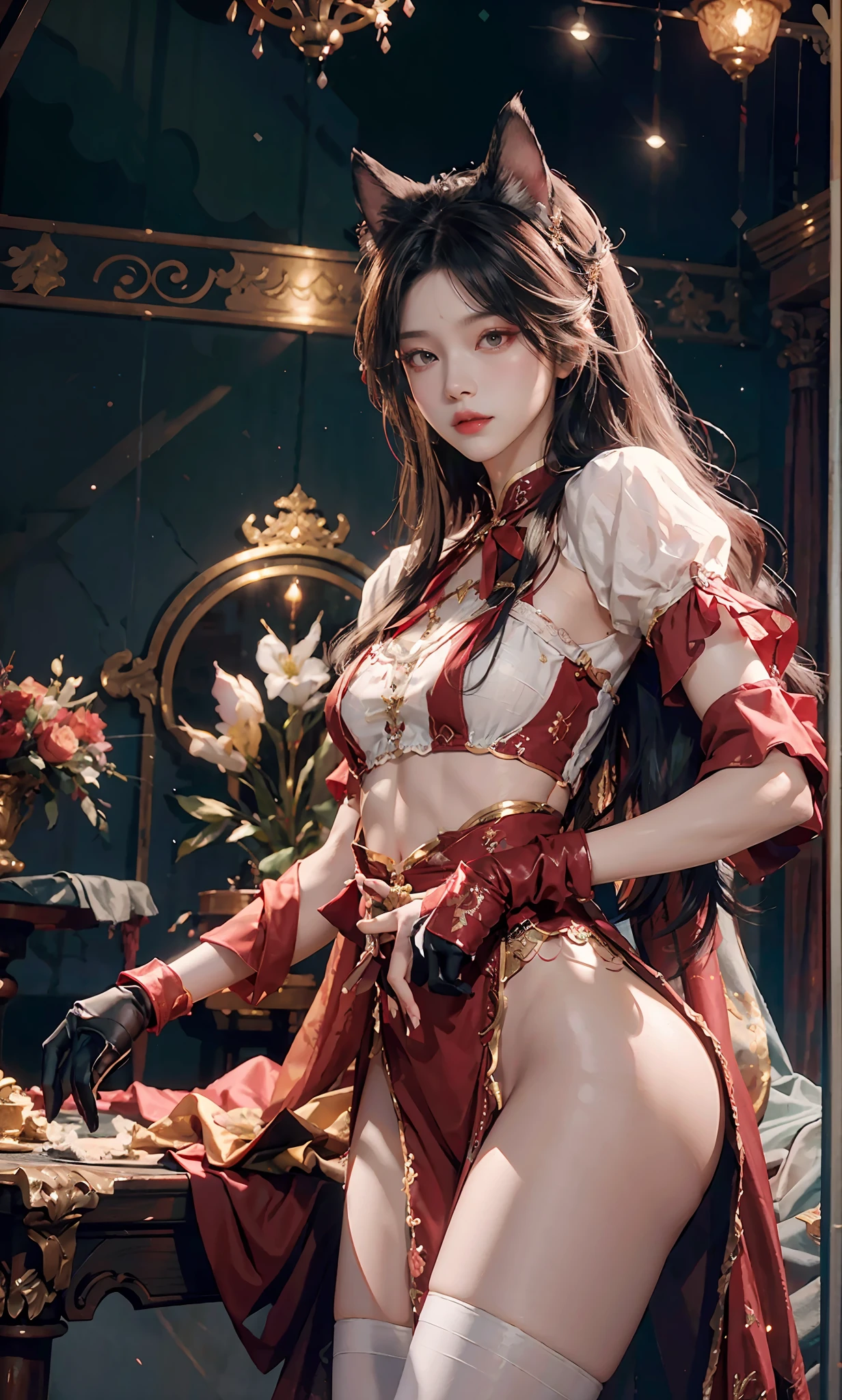A gorgeous masterpiece，8K分辨率，White beauty，Bright starry sky eyes，Delicate rouge，Delicate gloves，Extremely realistic，Focus on the lower body，high definition detail，Elegant long hair，Shiny red lips，Slender and slender figure，The chest is covered，Elegant and moving，Panoramic indoor background，Messy and attractive hair，black pantyhoses，The face is clean and bright，Dynamic angles，Romantic atmosphere，Super detailed depiction，wearing silk stockings，Has cat ears and a cat tail。
