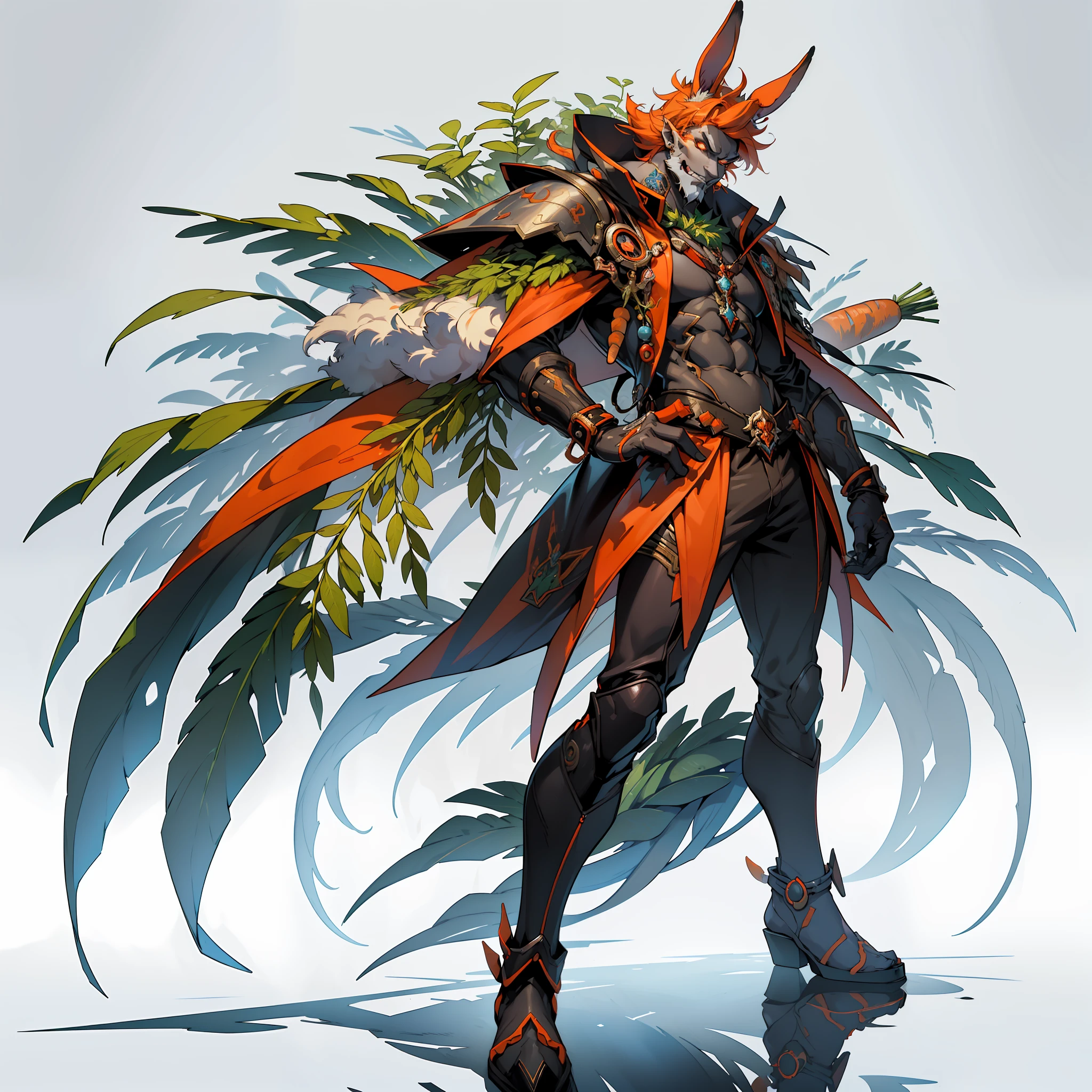 ((top-quality))、((tmasterpiece))、((Full body photo of a man))、((very simple background))、(Game character design)、Carrot anthropomorphic monster、(Earth and carrots blend with the body,)、luminous body、Beastman、Ornaments with carrot motifs、cyber punk perssonage、Olette、独奏、Fighting posture