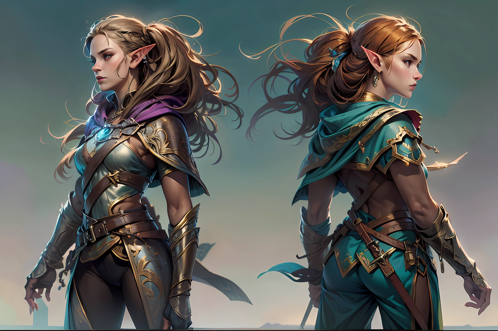 an ultra wide, full body, a picture of a female elf (intense details, Masterpiece, best quality: 1.5) fantasy swashbuckler, fantasy fencer, armed with a slim sword, shinning sword, metallic shine, colorful clothes, dynamic clothing, epic beautiful female elf (intense details, Masterpiece, best quality: 1.5), rich hair, braided hair, small pointed ears, fantasy urban street (intense details, Masterpiece, best quality: 1.5),  purple cloak, long cloak (intense details, Masterpiece, best quality: 1.5), sense of daring, sense of adventure,  high details, best quality, 8k, [ultra detailed], masterpiece, best quality, (extremely detailed), dynamic angle, ultra wide shot, photorealistic, RAW, fantasy art, dnd art,fantasy art, realistic art, octane rendering@