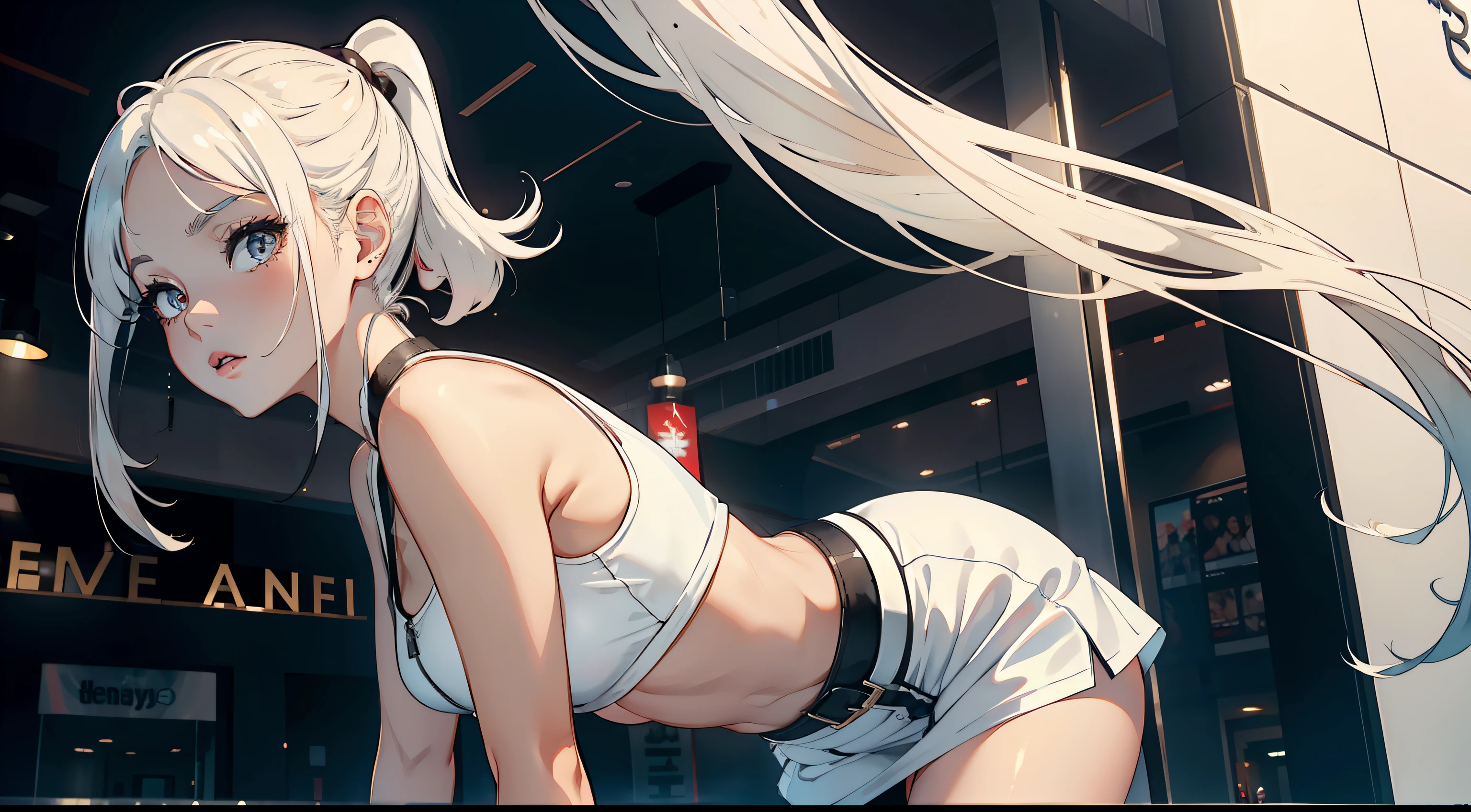 1 beauty,largeeyes,long eyelasher,white skinned,Harnes,Short leather skirt,Flowing ponytail hair,in mall