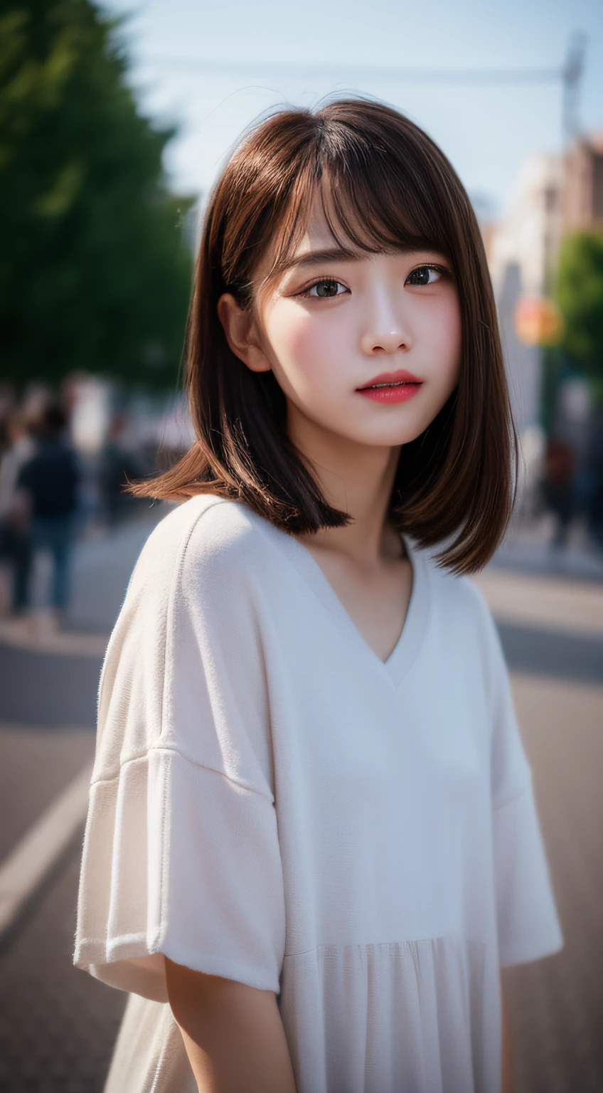 ​masterpiece, top-quality, Raw foto, Photorealsitic、full body Esbian、 beautiful a girl, cute little, shorth hair, depth of fields, hight resolution, ultra-detailliert, finely detail, ighly detailed, extremely detailed eye and face, Sharp pupils, Realistic pupils, foco nítido, Cinematic lighting、small tits、In the street、Casual wear