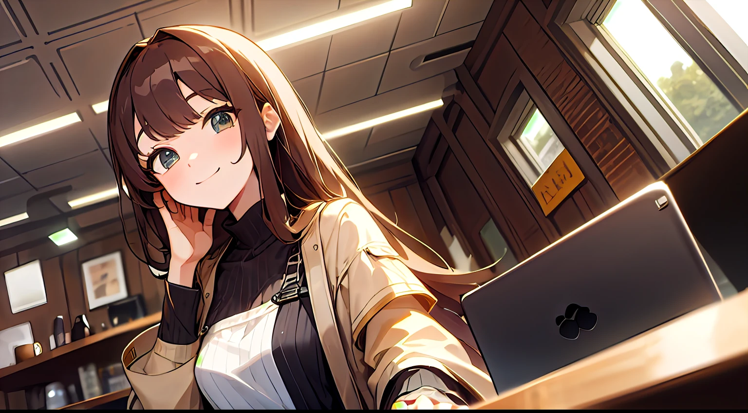 early evening、Indoor Coffee、Inside the café、stylish、Holding a laptop、Adult women in anime、((is standing)),25-years old、Upper body, mid-shot, femele, Detailed eyes, ((Beautiful woman using laptop)), ,Semi-long hair, Brown hair, Bangs、a smile、Everyday clothes、Clothes without a collar、Fashionable、Long sleeves,、frontage、Smiling smile、frontage、is standing、Beige costume
