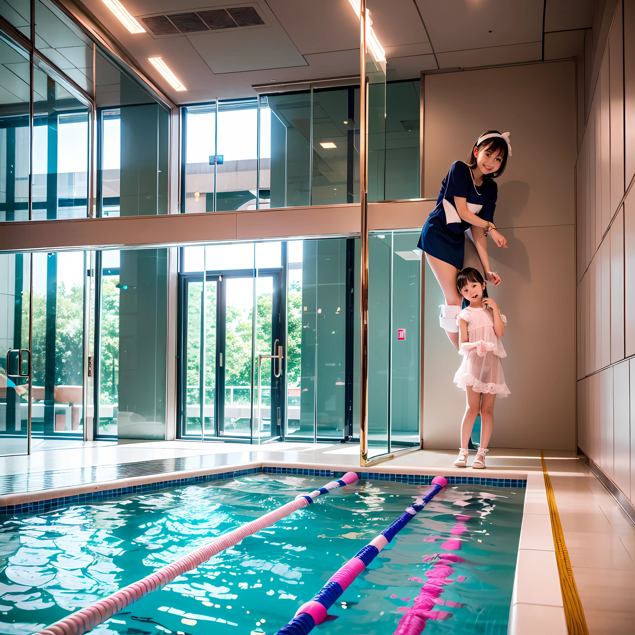 Indoor swimming pool on the 180th floor of the gate of Shanghai Tower，There were five little girls wearing openwork translucent stockings，Pouting and smiling，is shy，Pout，Pink, gold, White, Blue, Five colors, Two-tailed hair and cyan eyes，Anime little girl in servant costume