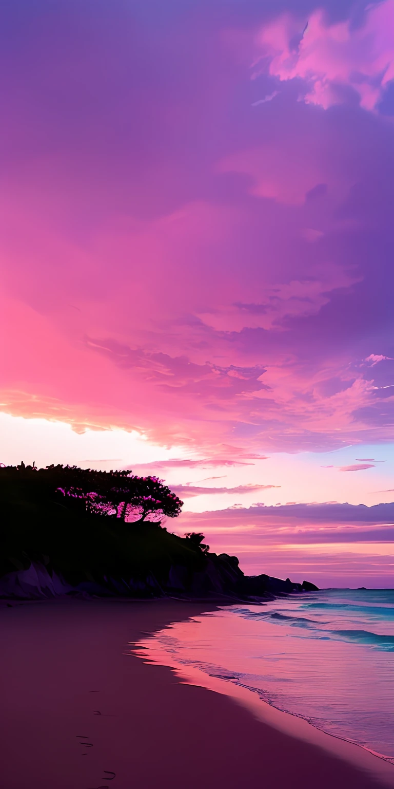 late sunset，Purple flowers grow on the beach, fluffy pink anime clouds, Pink clouds, cotton candy cloud, looking out at a pink ocean, vaporwave surreal ocean, vaporwave ocean, clouds and waves, ​​clouds、Wings and waves, pink clouds in the sky, dramatic pink clouds, liquid clouds, pink clouds background, Glowing clouds, Pink sunset, Pink reflections